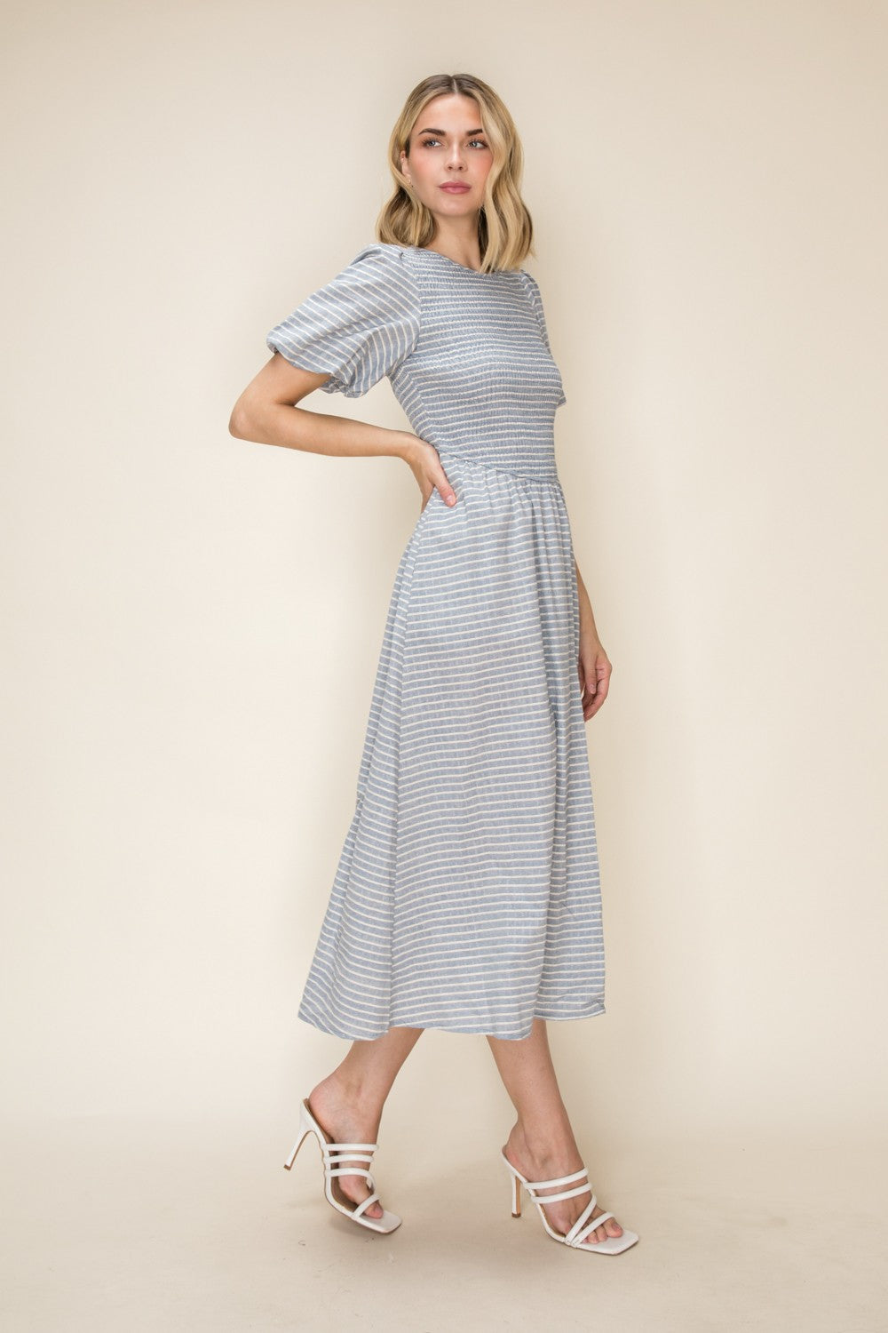 Striped Smocked Bodice Puff Sleeve Midi Dress