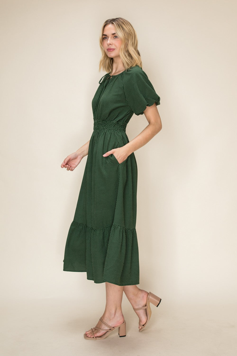 Polka Dot Smocked Waist Flutter Sleeve Midi Dress
