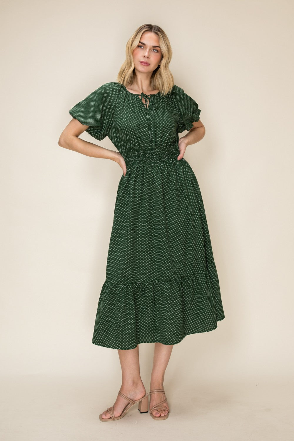 Polka Dot Smocked Waist Flutter Sleeve Midi Dress