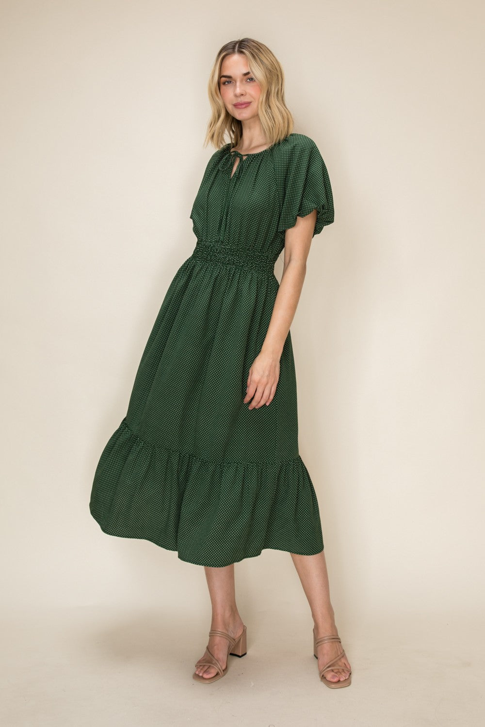 Polka Dot Smocked Waist Flutter Sleeve Midi Dress