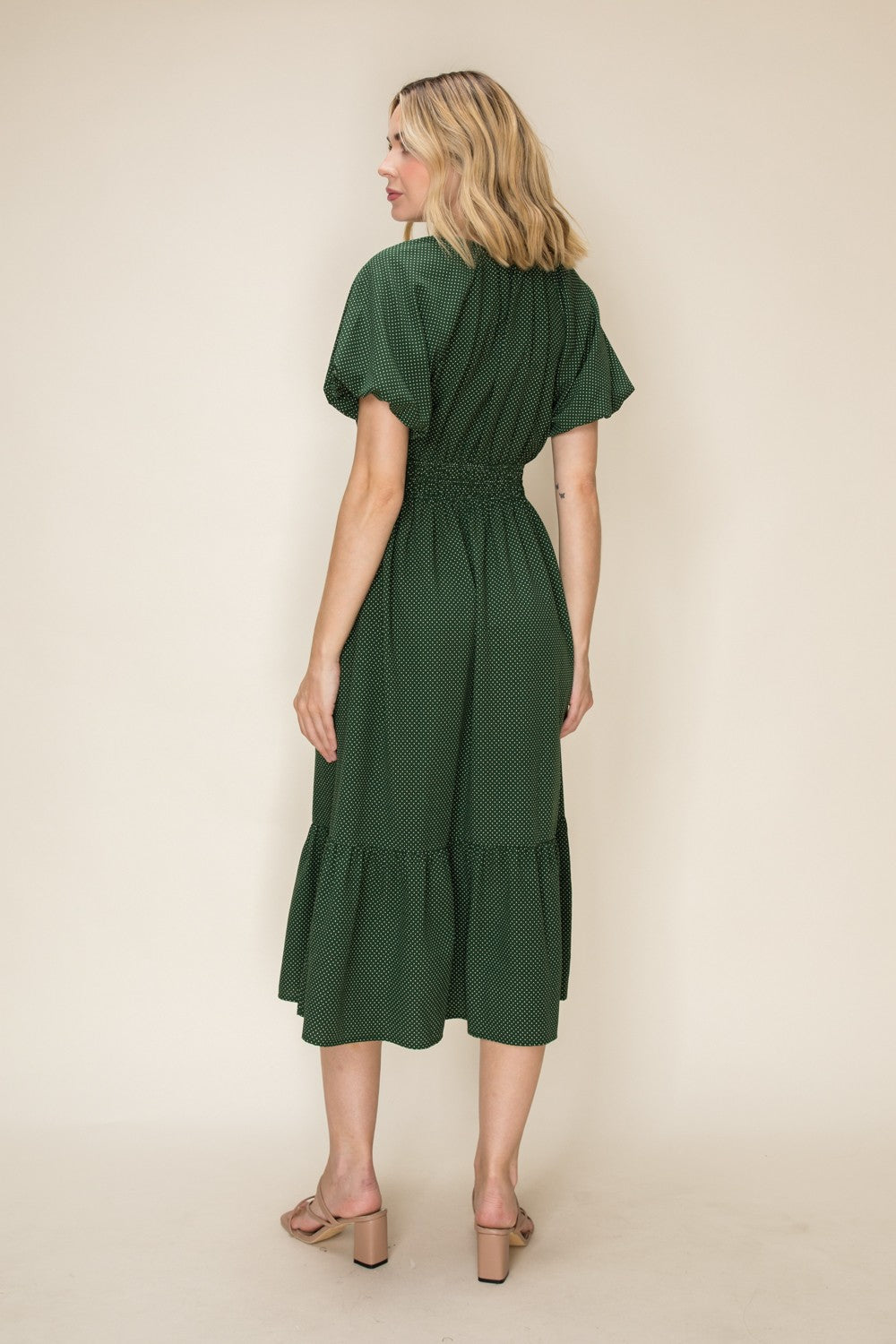 Polka Dot Smocked Waist Flutter Sleeve Midi Dress