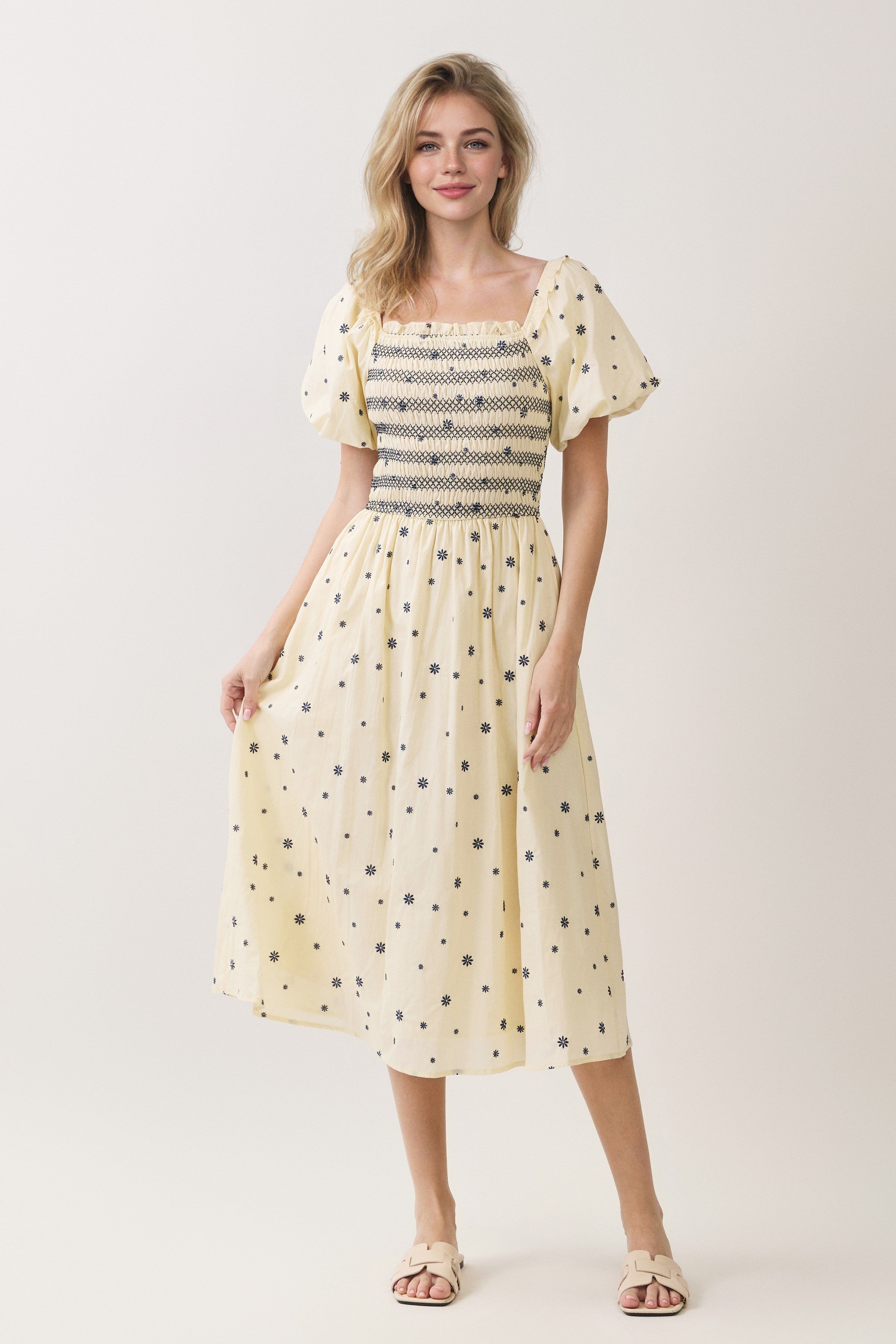 Embroidered Floral Smocked Puff Sleeve Midi Dress