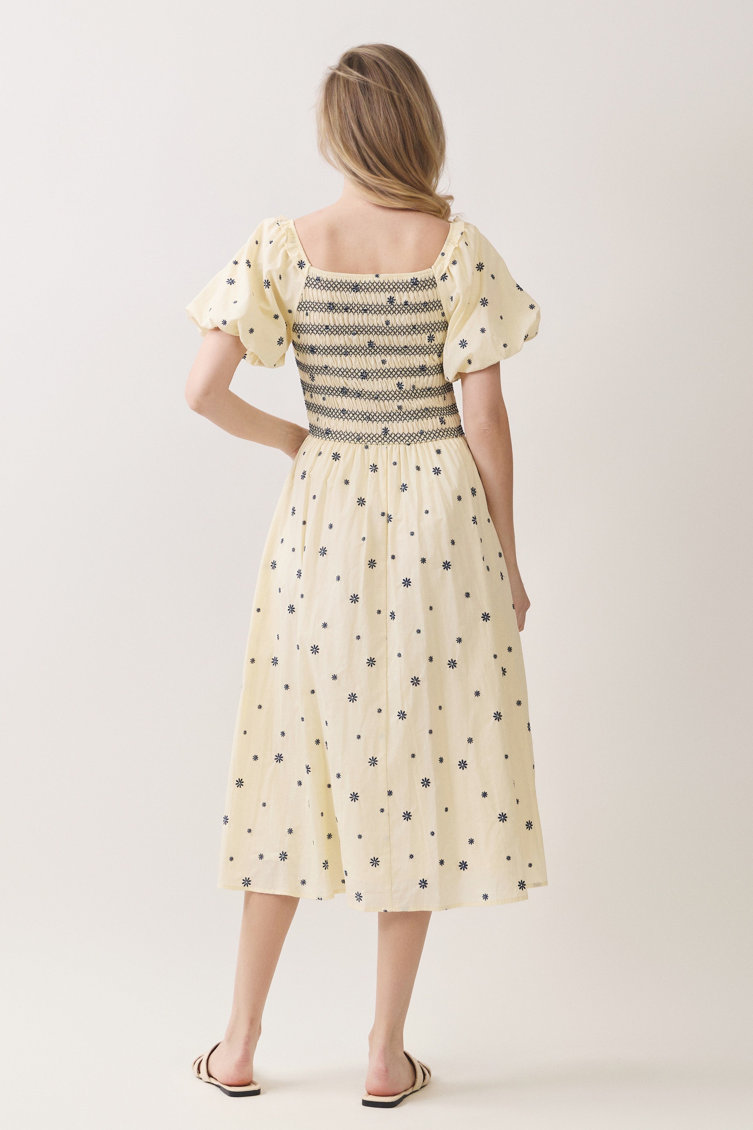 Embroidered Floral Smocked Puff Sleeve Midi Dress