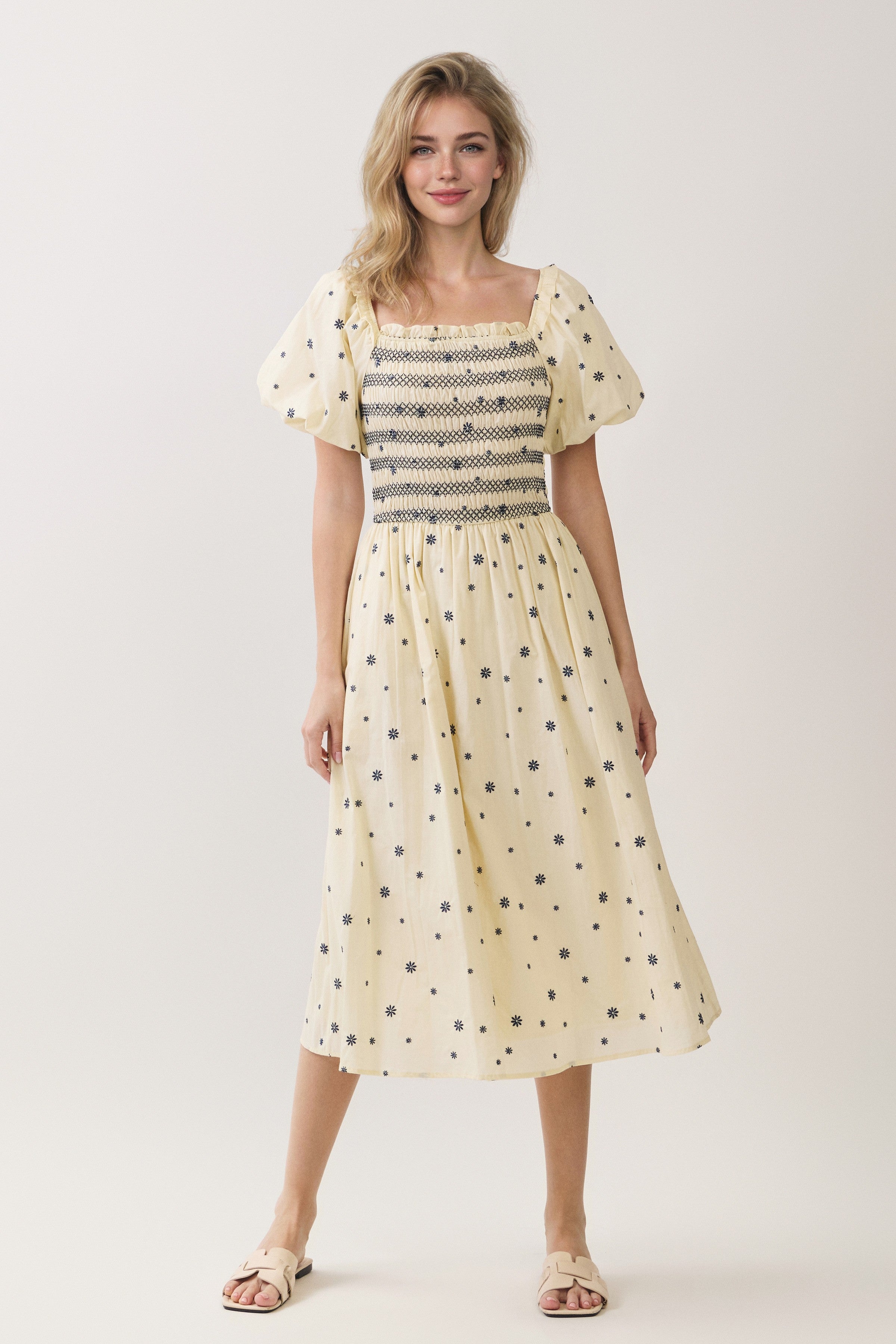 Embroidered Floral Smocked Puff Sleeve Midi Dress