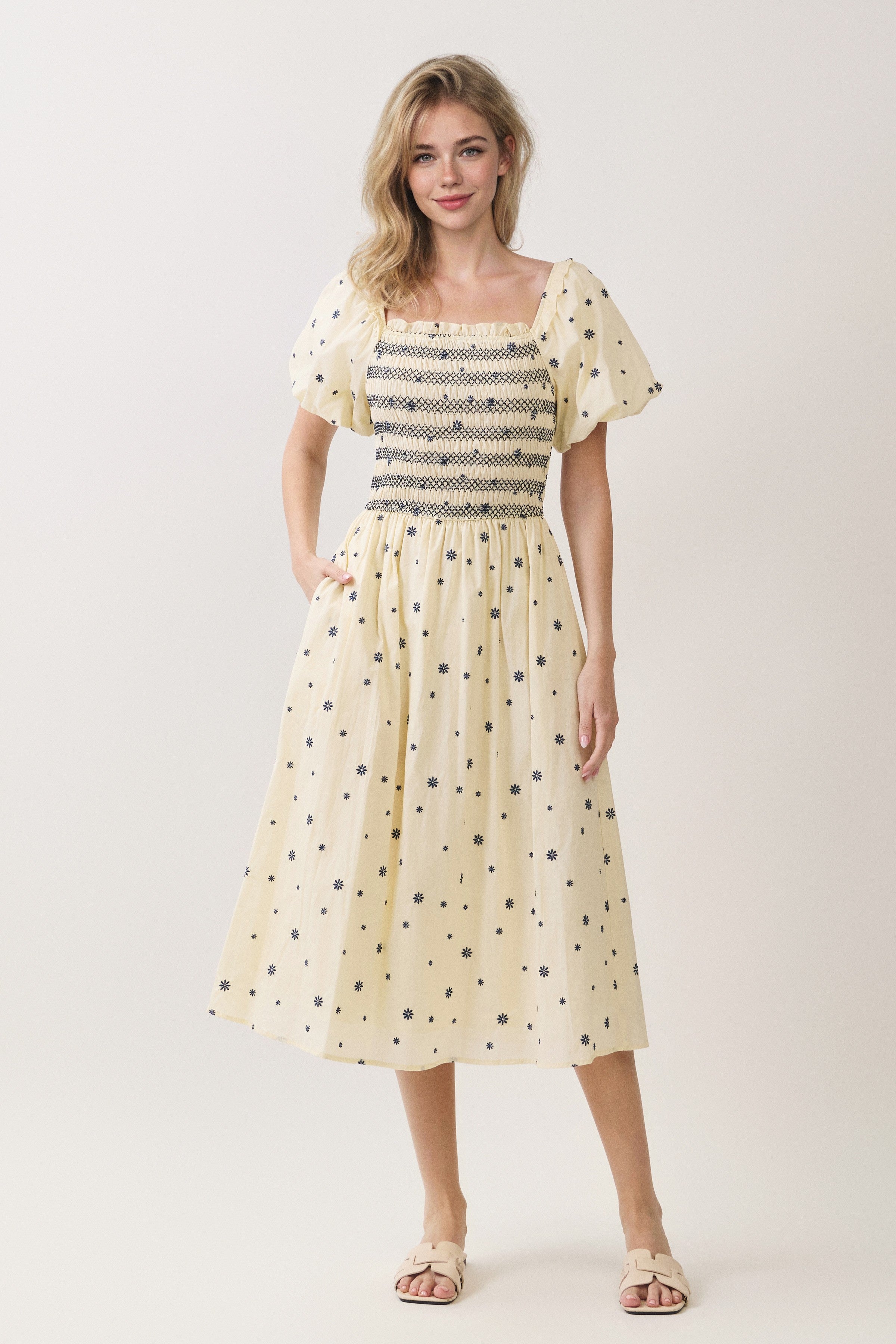 Embroidered Floral Smocked Puff Sleeve Midi Dress