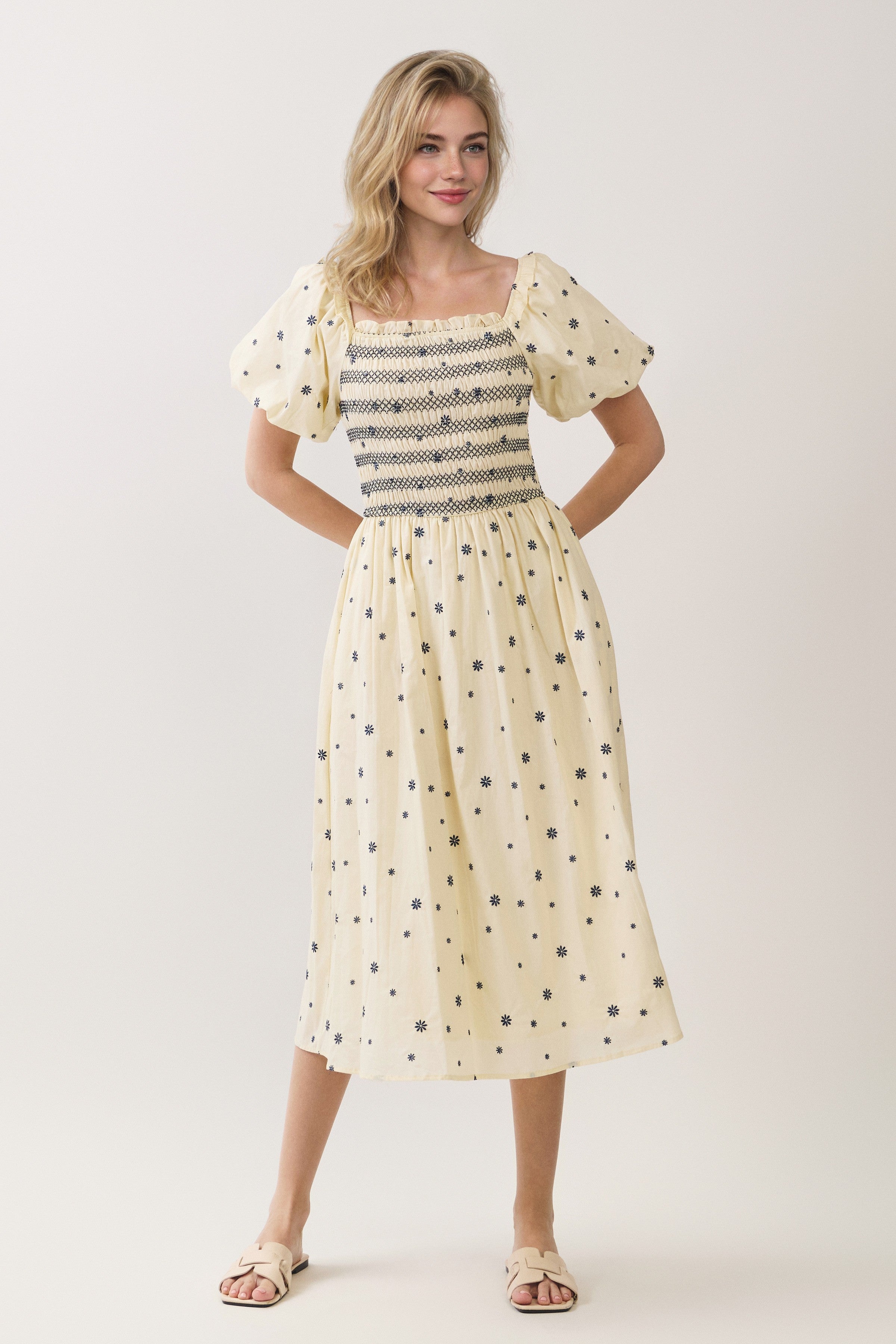 Embroidered Floral Smocked Puff Sleeve Midi Dress