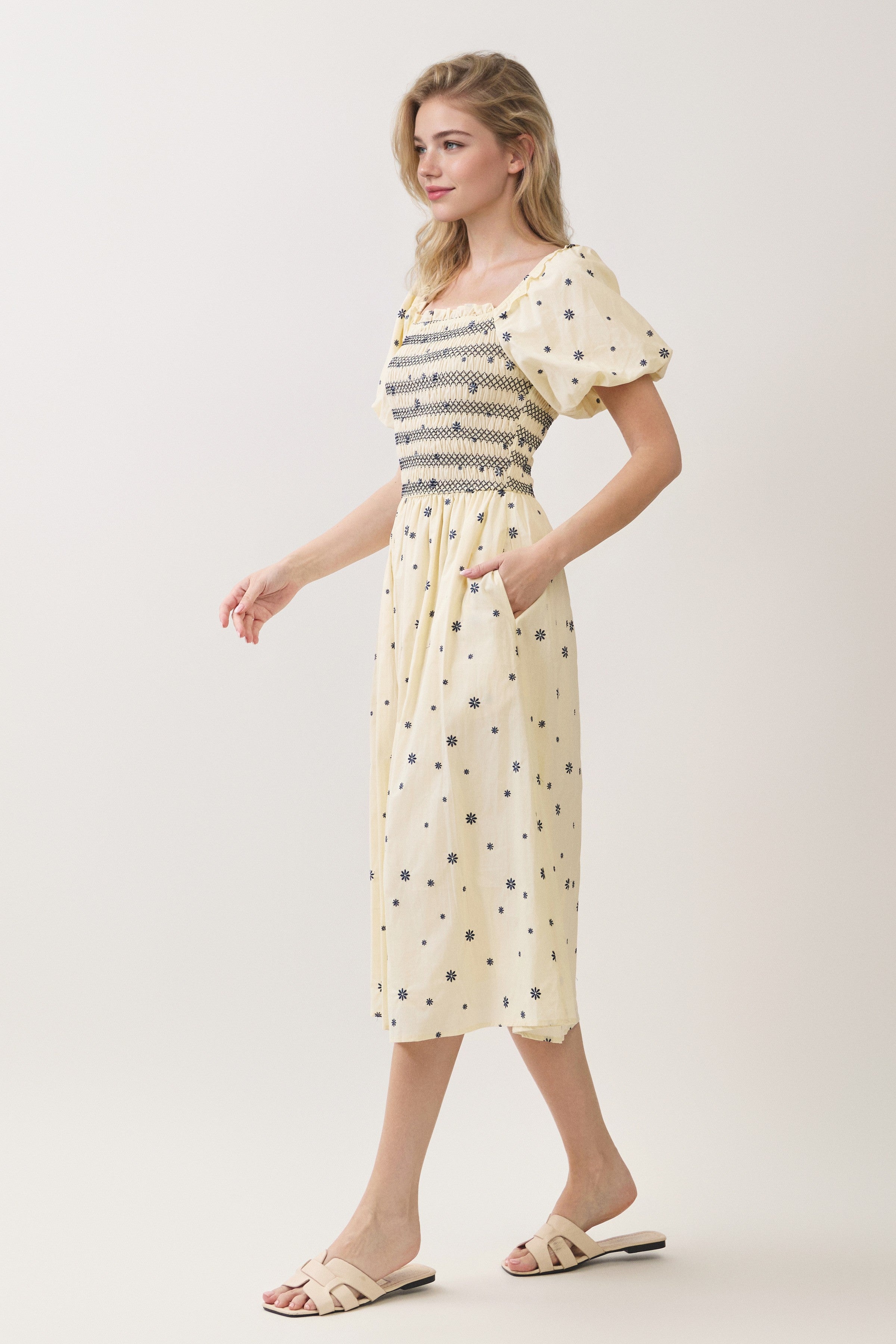 Embroidered Floral Smocked Puff Sleeve Midi Dress