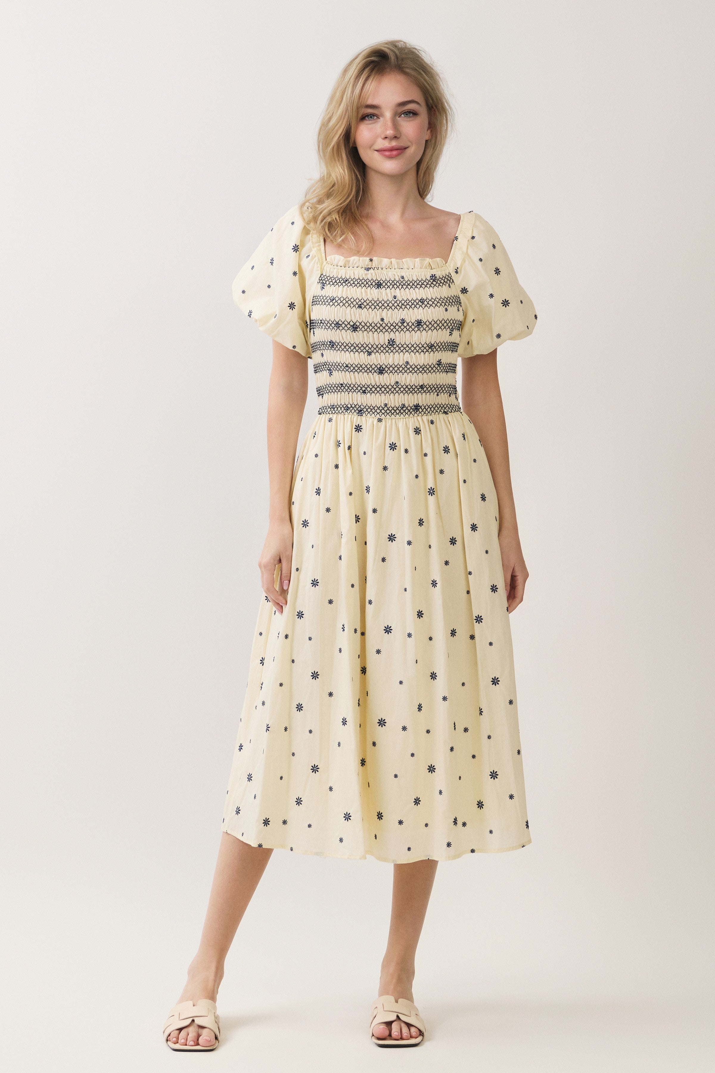 Embroidered Floral Smocked Puff Sleeve Midi Dress