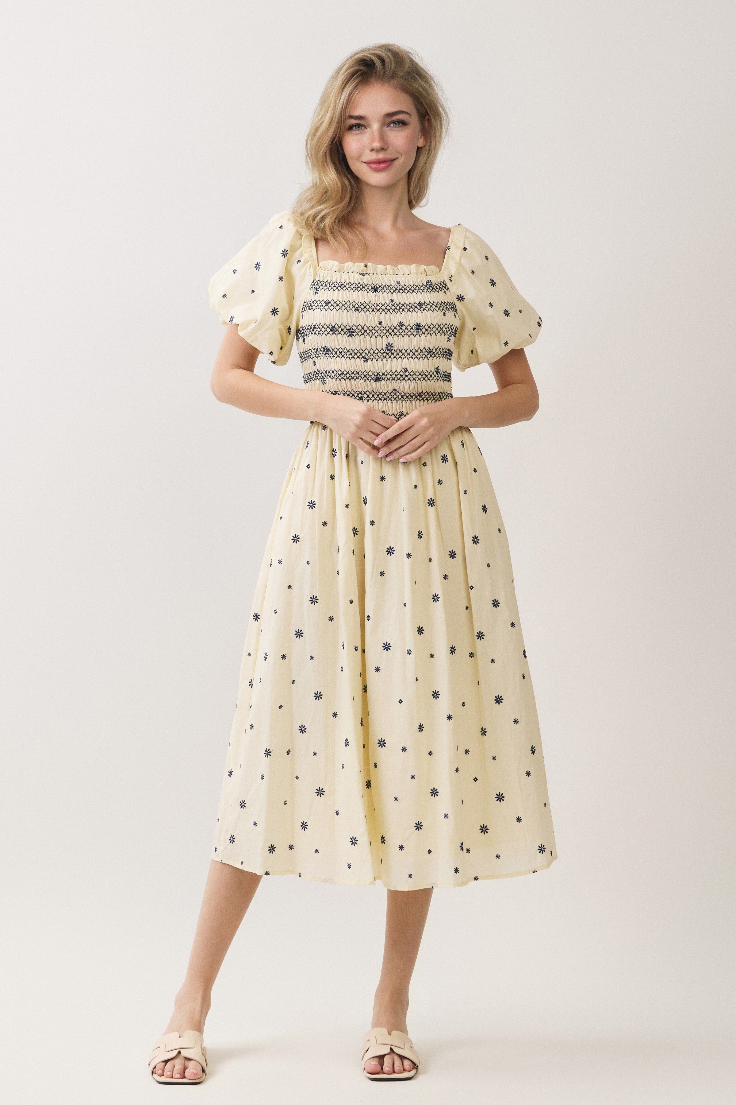 Embroidered Floral Smocked Puff Sleeve Midi Dress