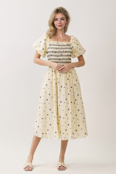 Embroidered Floral Smocked Puff Sleeve Midi Dress