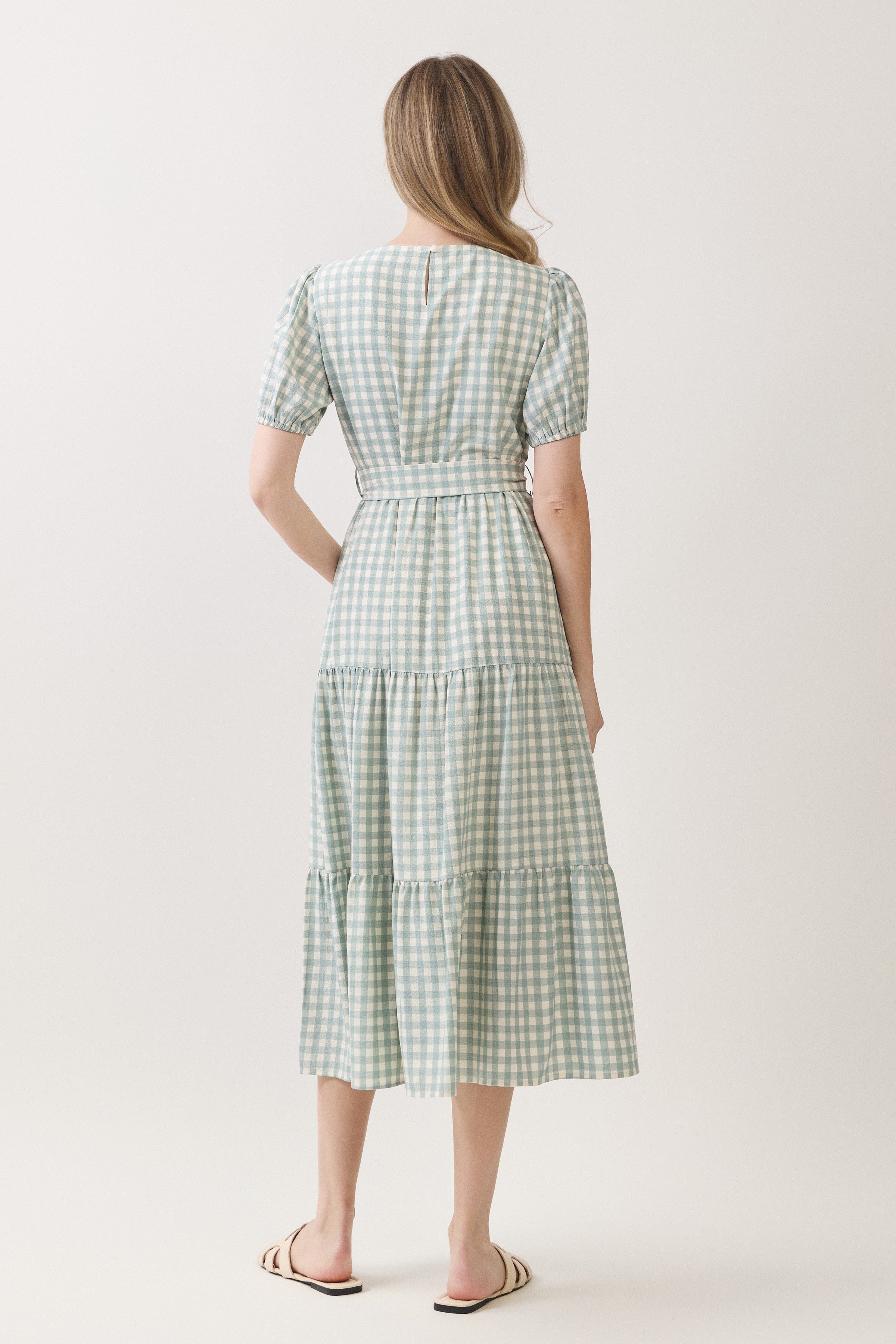 Gingham Puff Sleeve Tie Waist Tiered Midi Dress