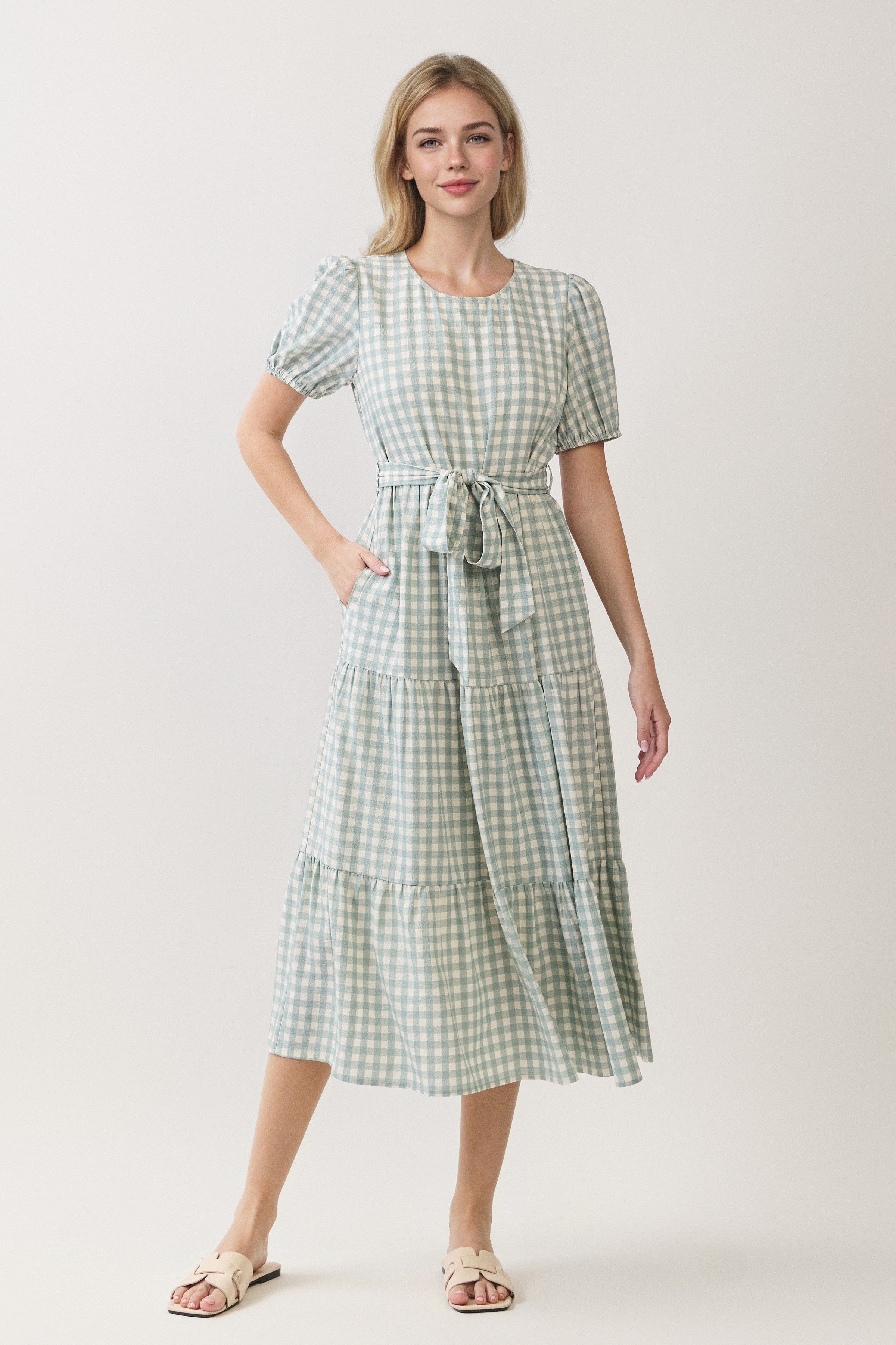 Gingham Puff Sleeve Tie Waist Tiered Midi Dress