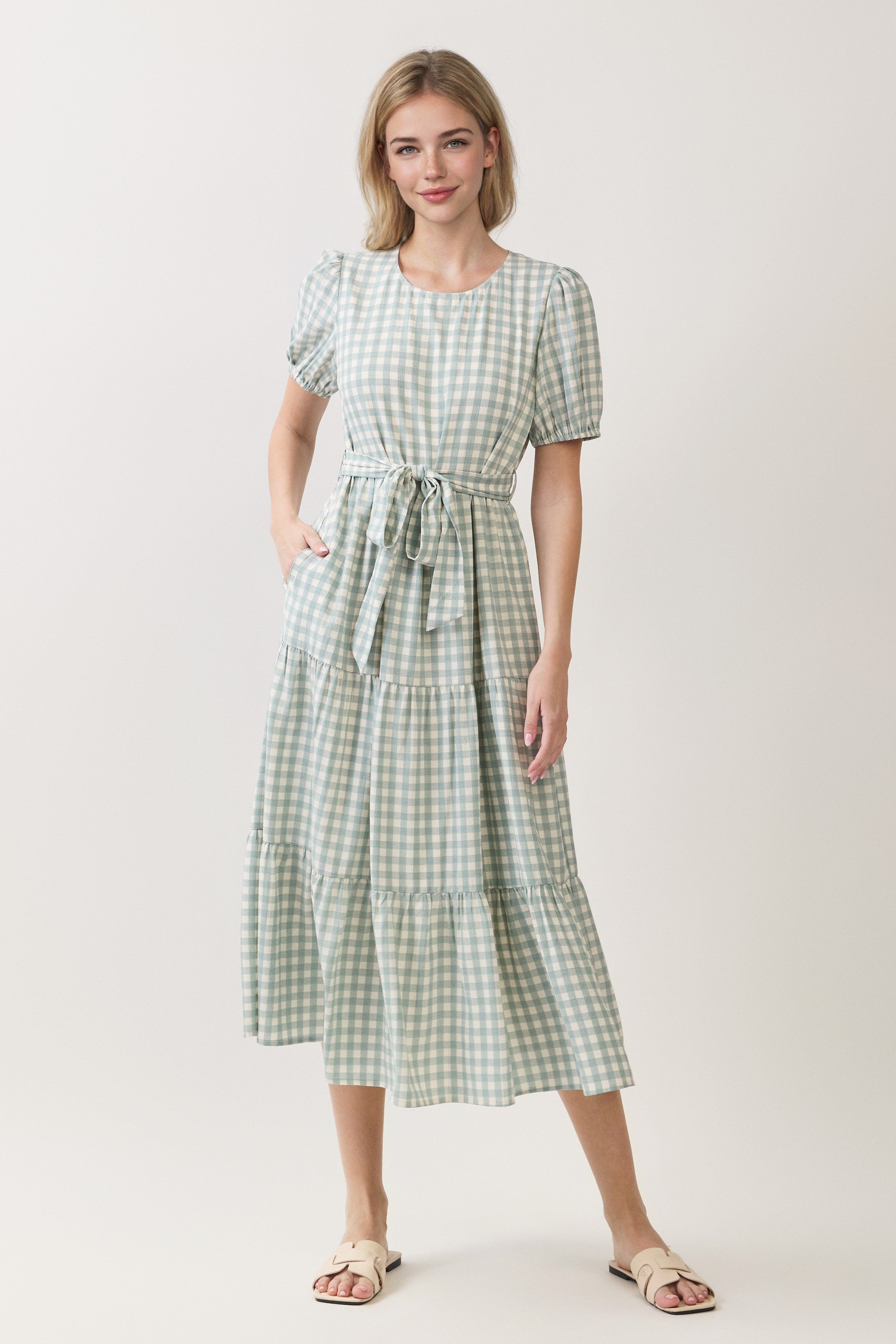 Gingham Puff Sleeve Tie Waist Tiered Midi Dress