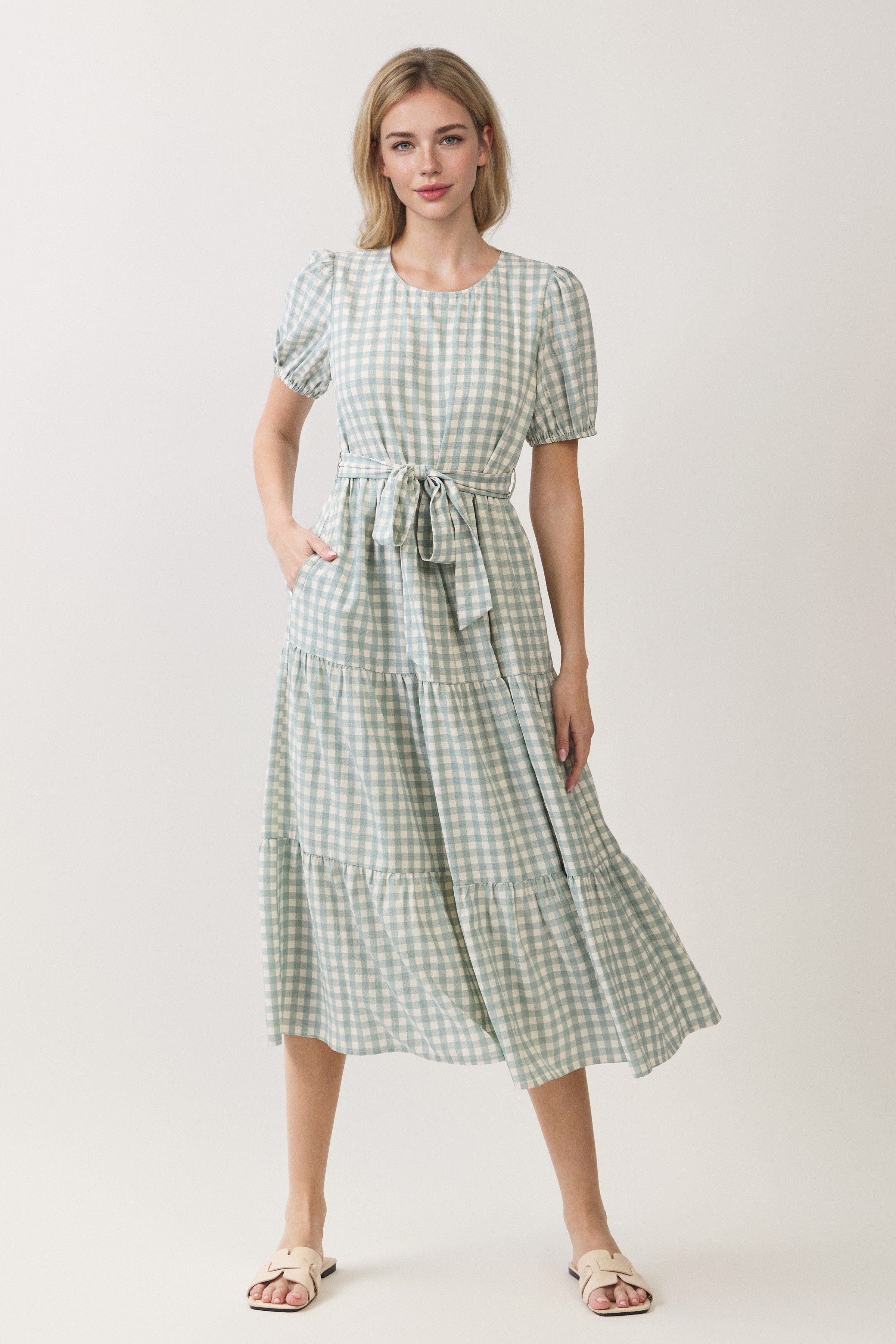 Gingham Puff Sleeve Tie Waist Tiered Midi Dress