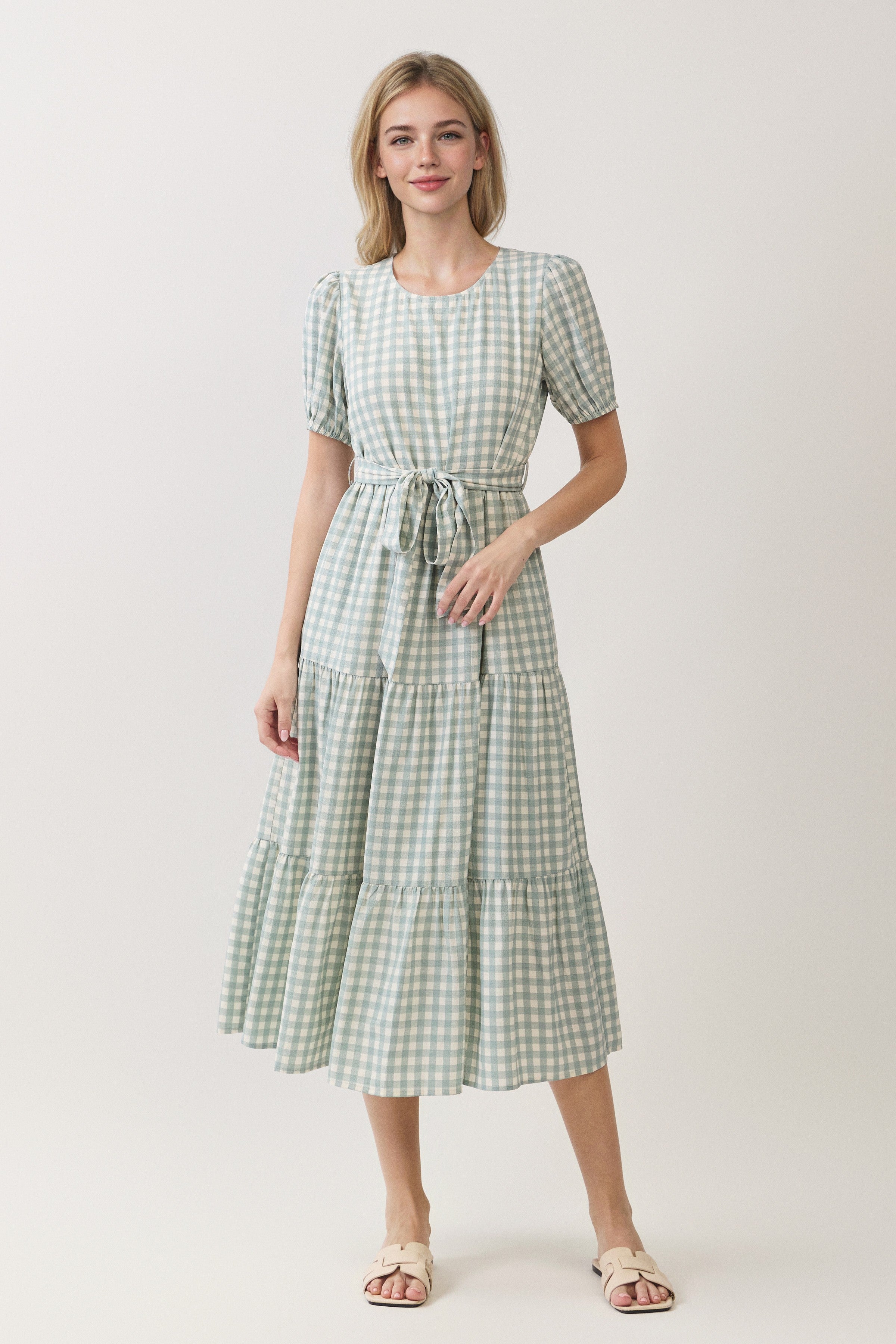Gingham Puff Sleeve Tie Waist Tiered Midi Dress