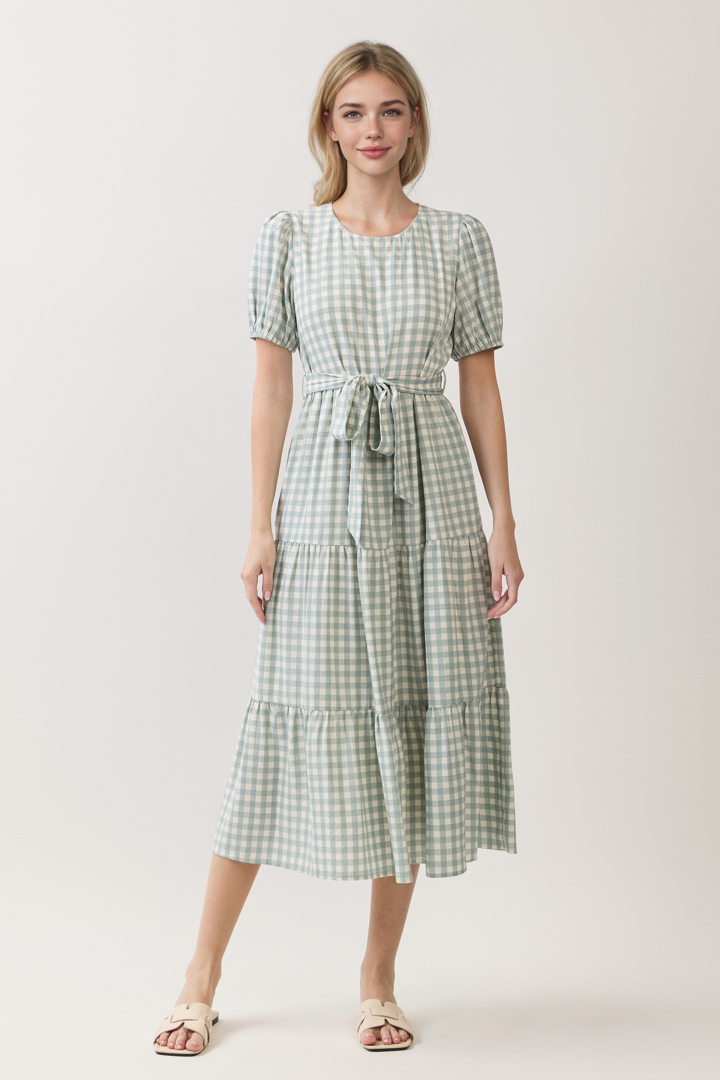 Gingham Puff Sleeve Tie Waist Tiered Midi Dress