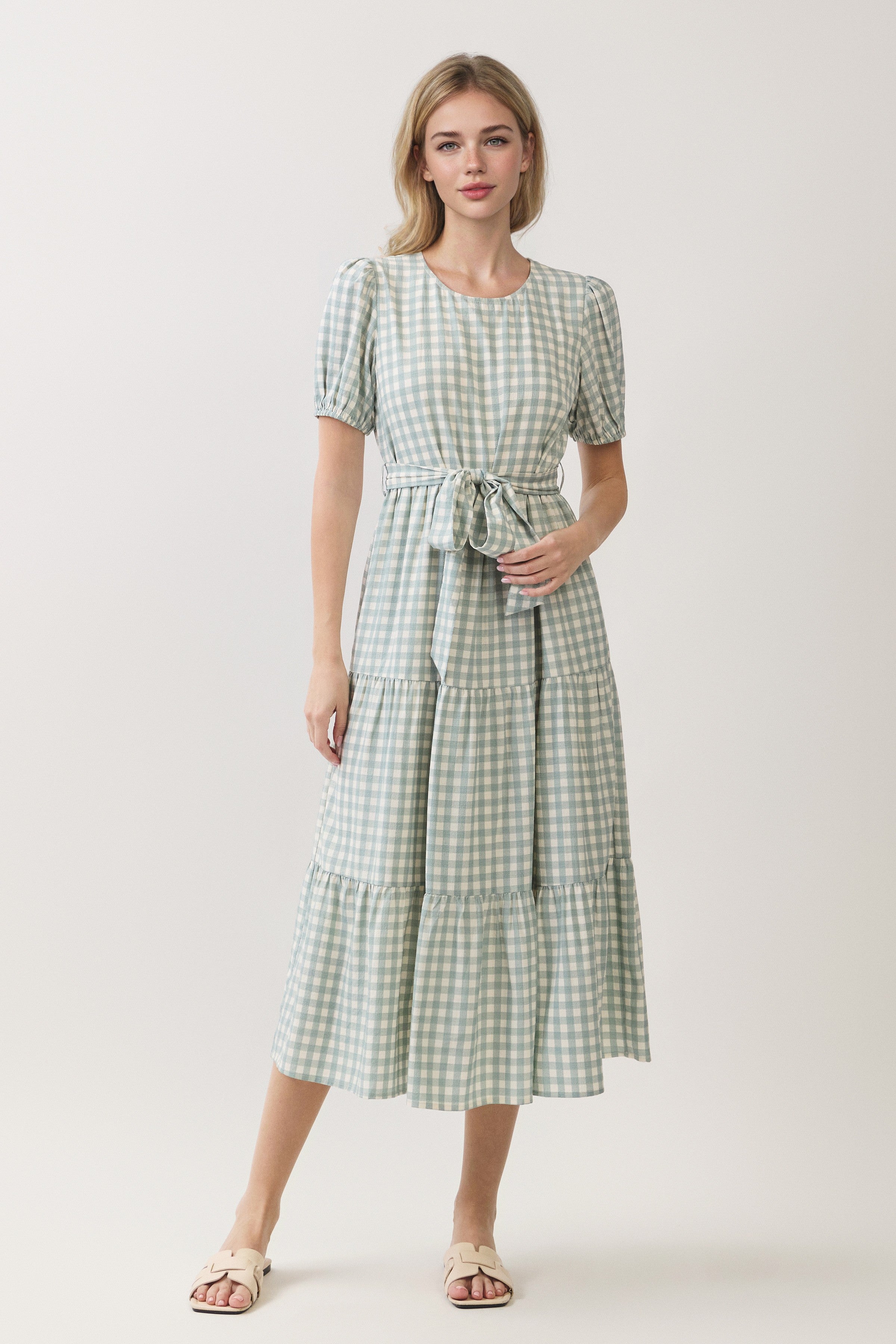 Gingham Puff Sleeve Tie Waist Tiered Midi Dress