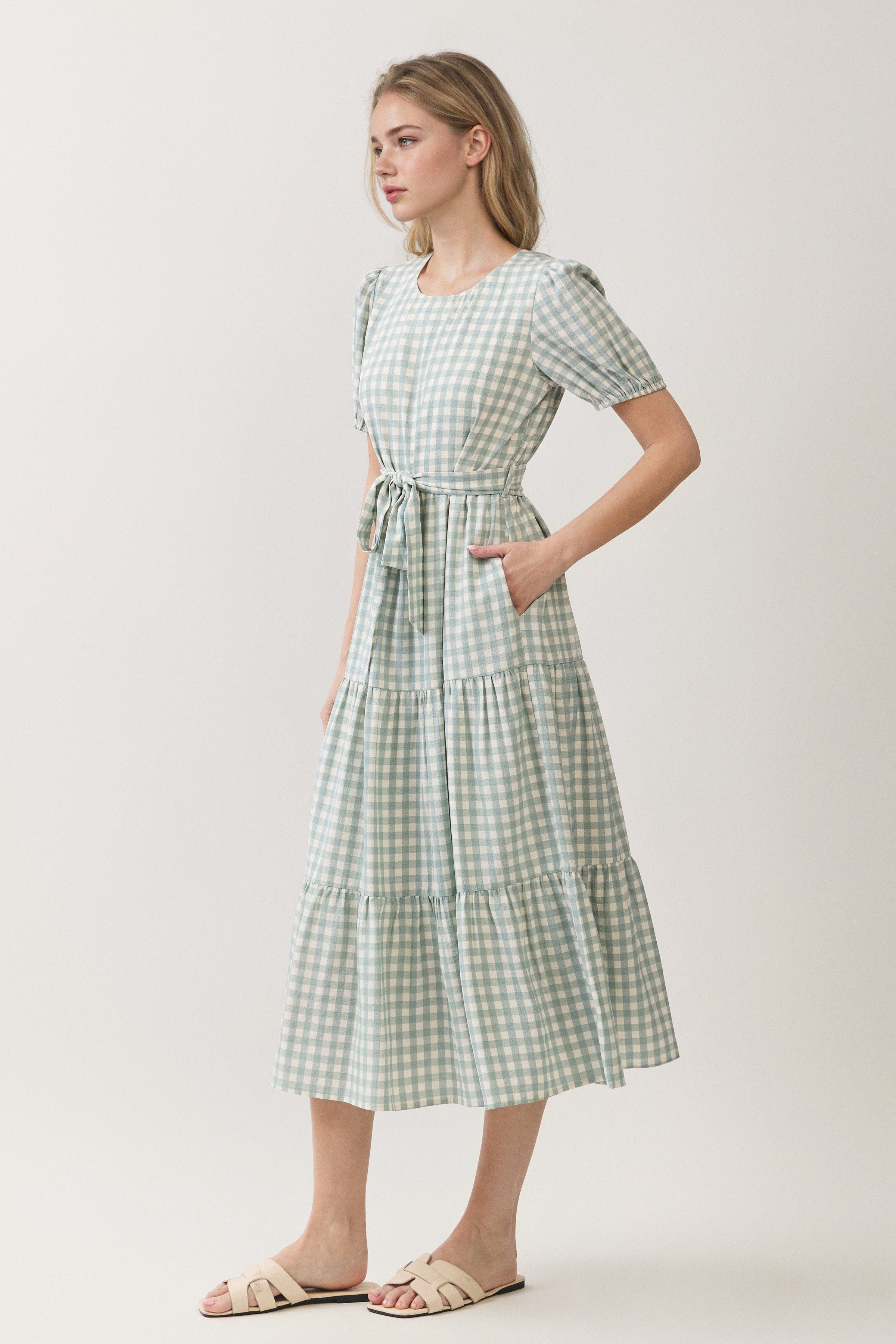 Gingham Puff Sleeve Tie Waist Tiered Midi Dress