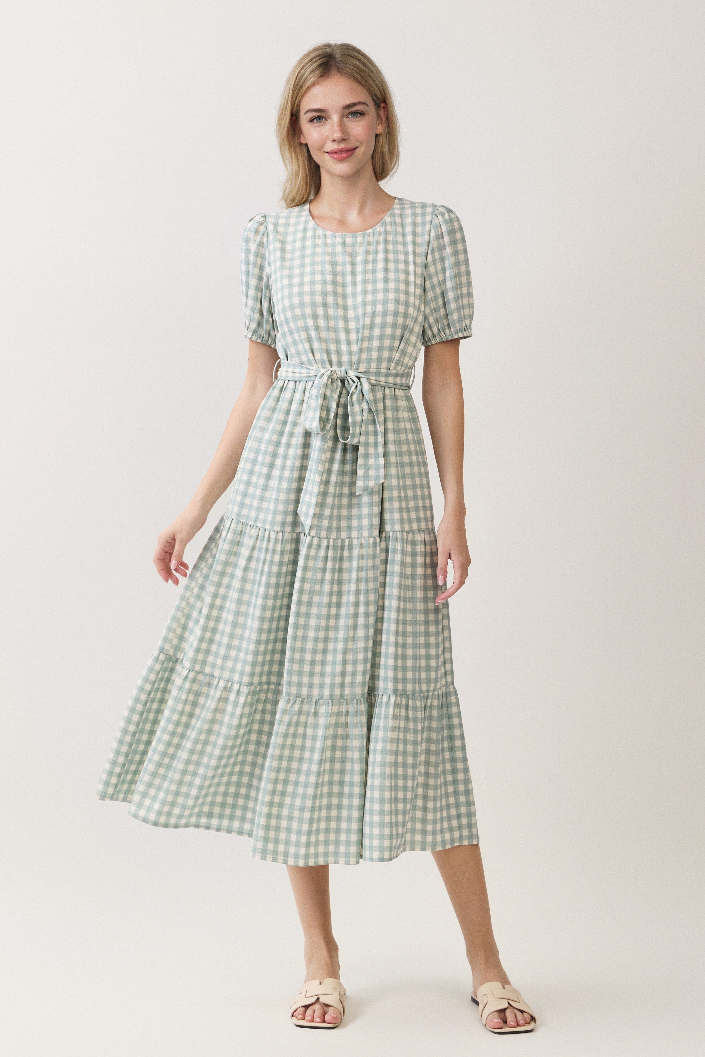 Gingham Puff Sleeve Tie Waist Tiered Midi Dress
