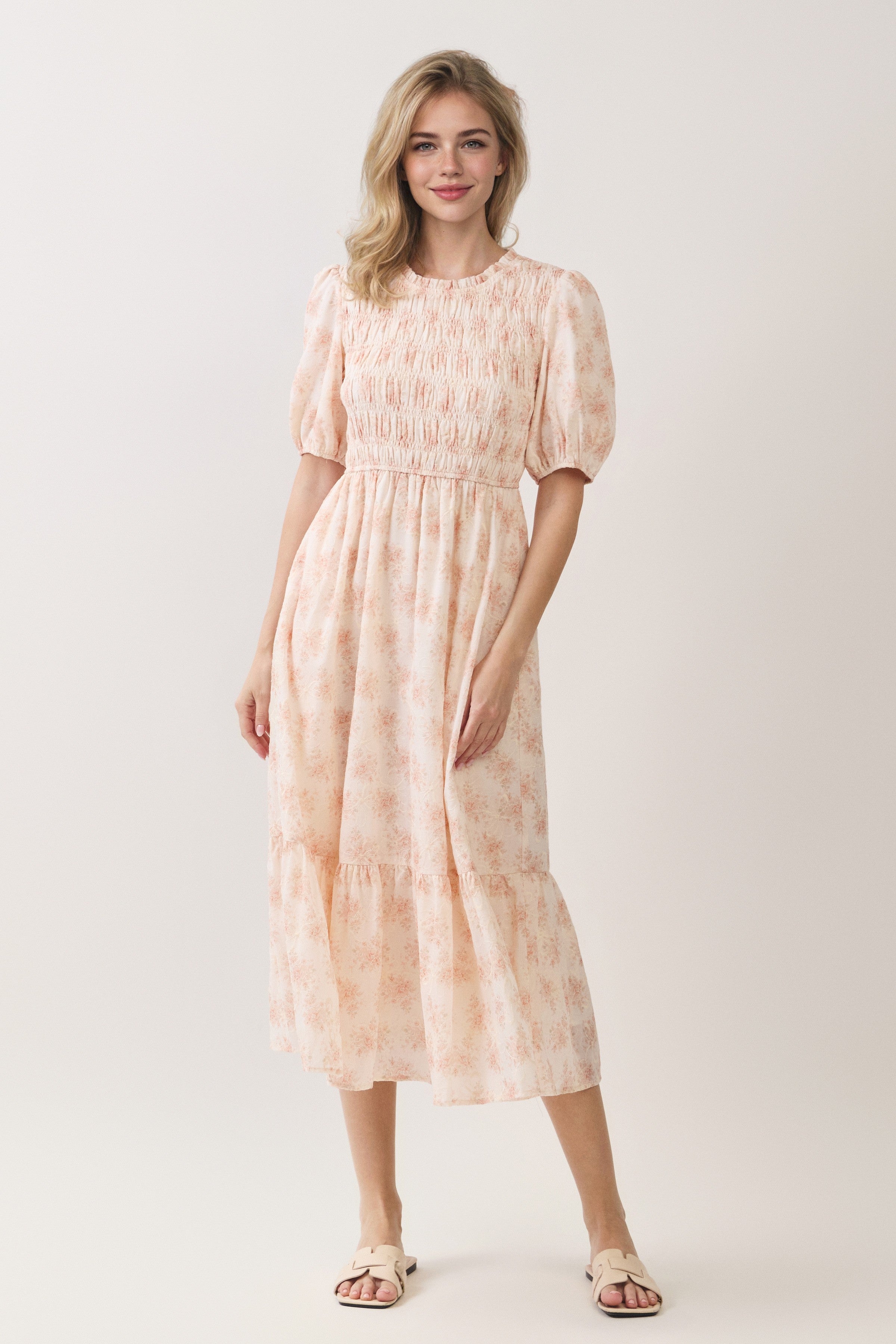 Floral Embroidered Smocked Puff Sleeve Midi Dress