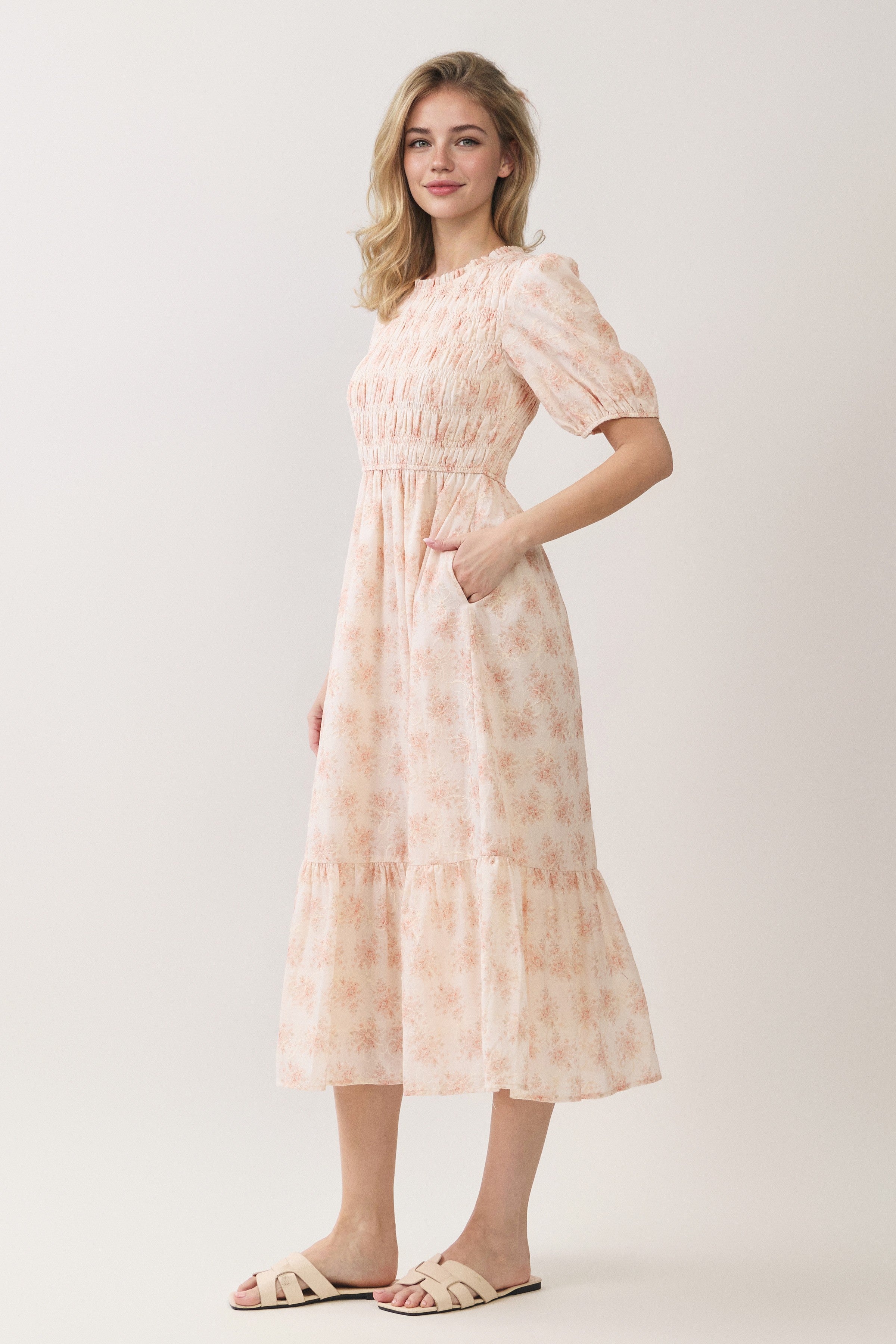 Floral Embroidered Smocked Puff Sleeve Midi Dress