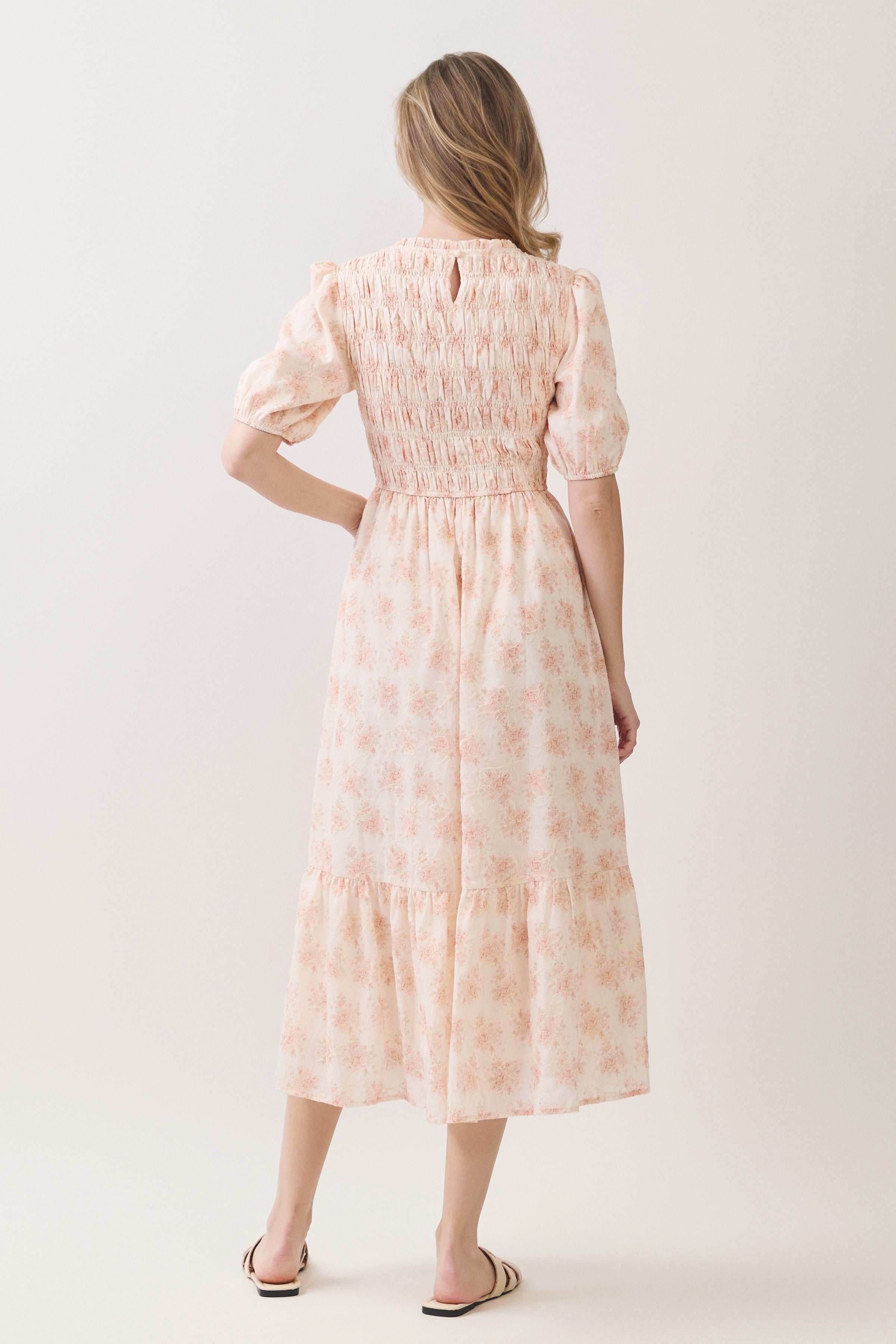 Floral Embroidered Smocked Puff Sleeve Midi Dress