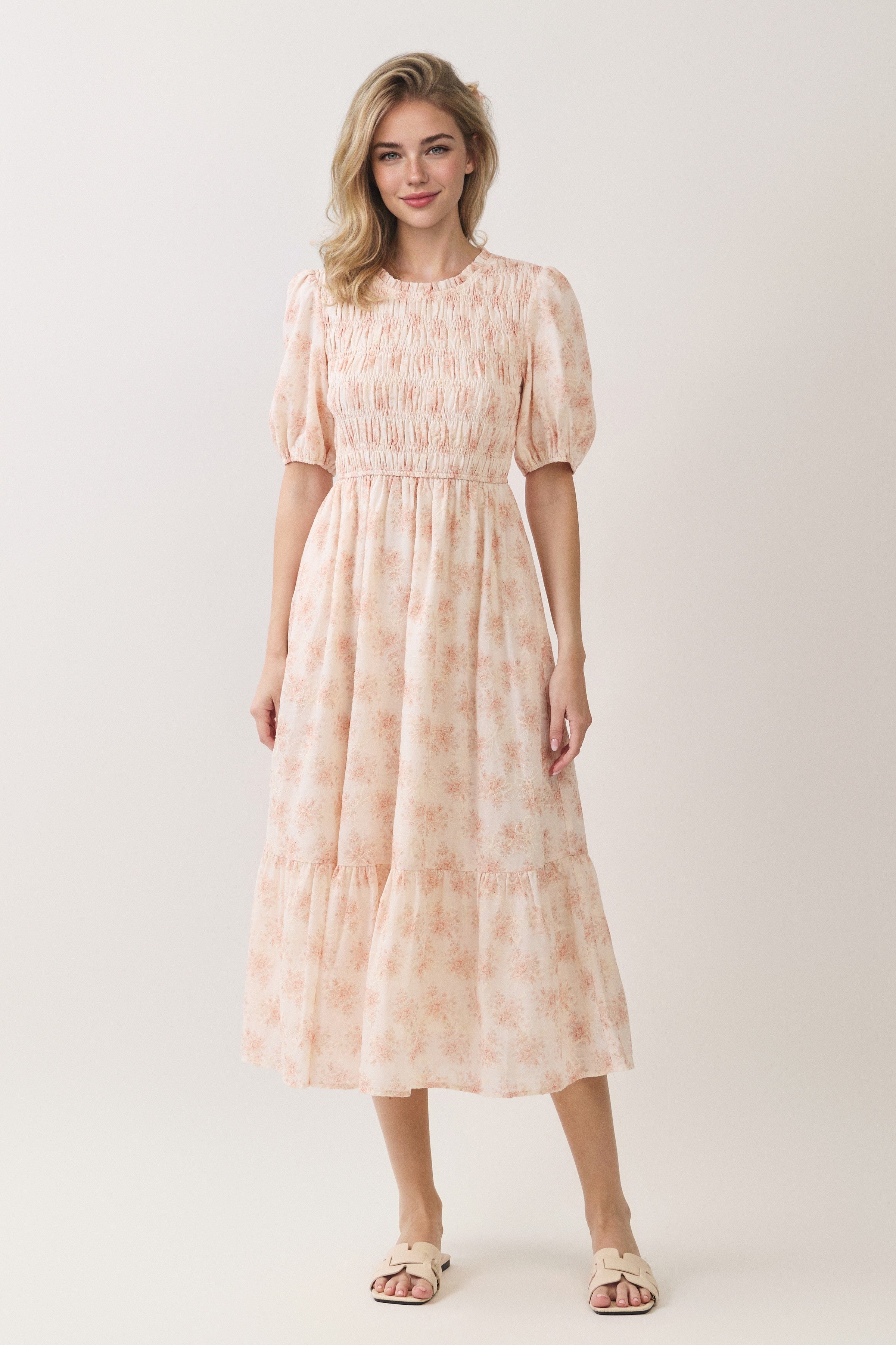 Floral Embroidered Smocked Puff Sleeve Midi Dress