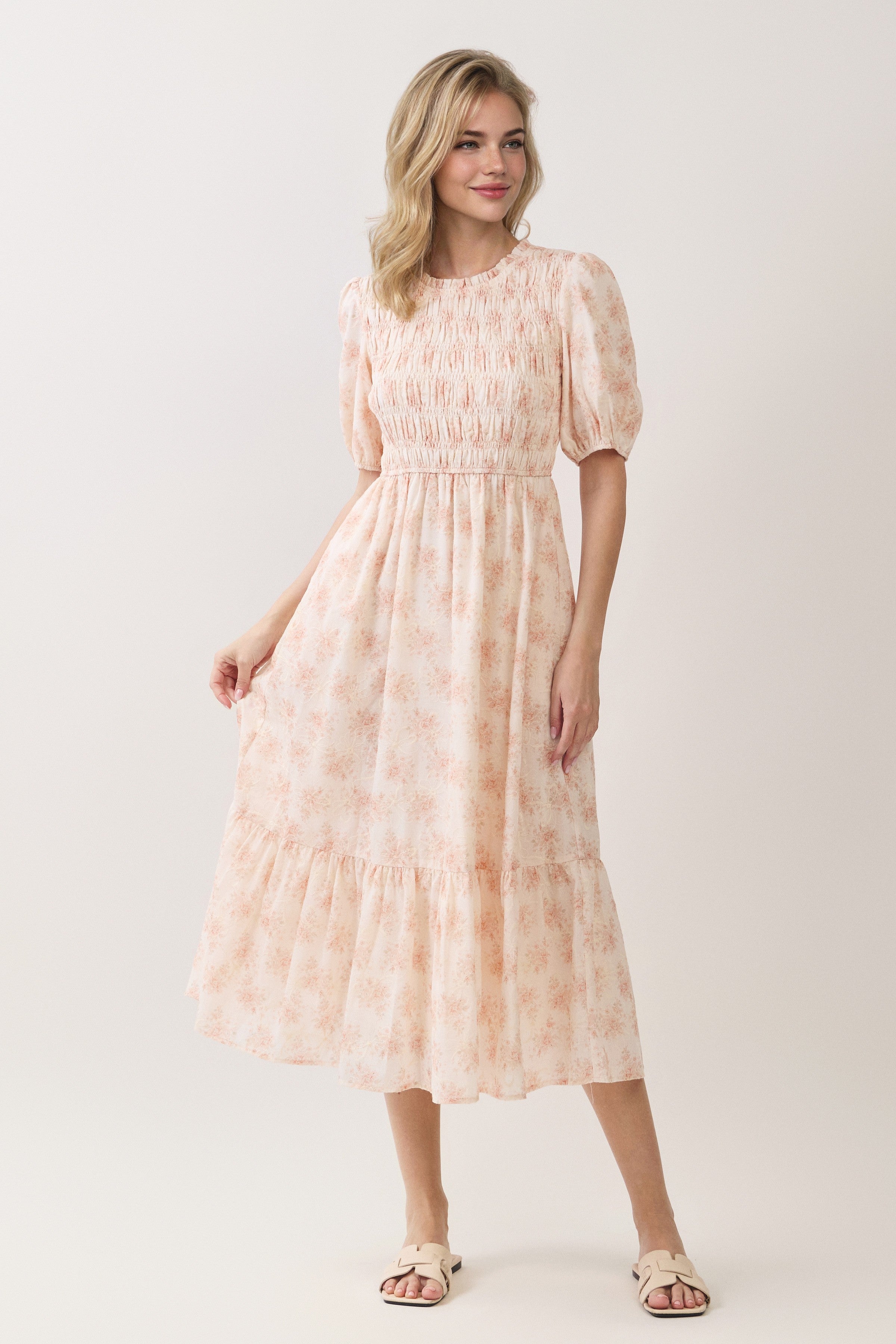 Floral Embroidered Smocked Puff Sleeve Midi Dress