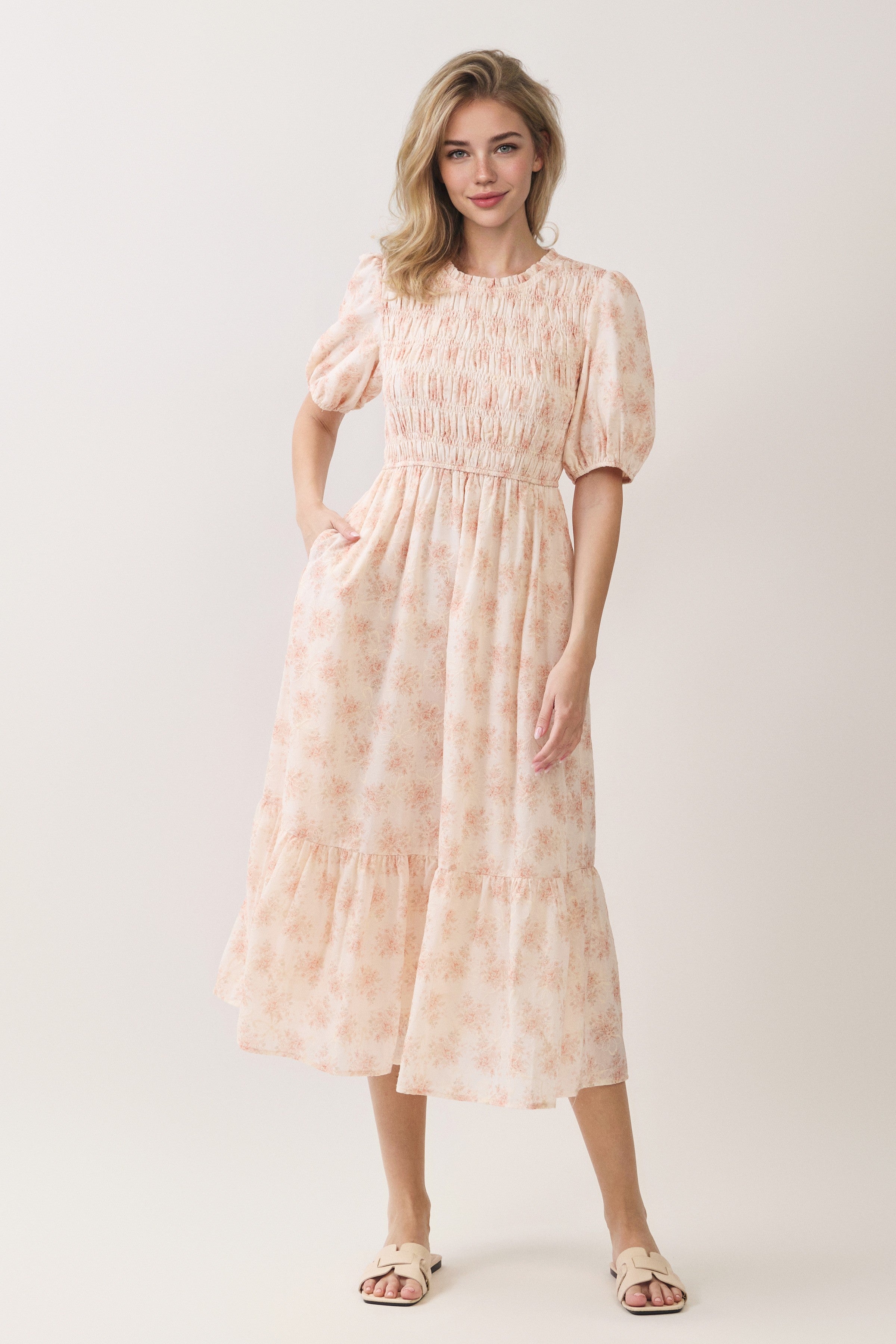 Floral Embroidered Smocked Puff Sleeve Midi Dress