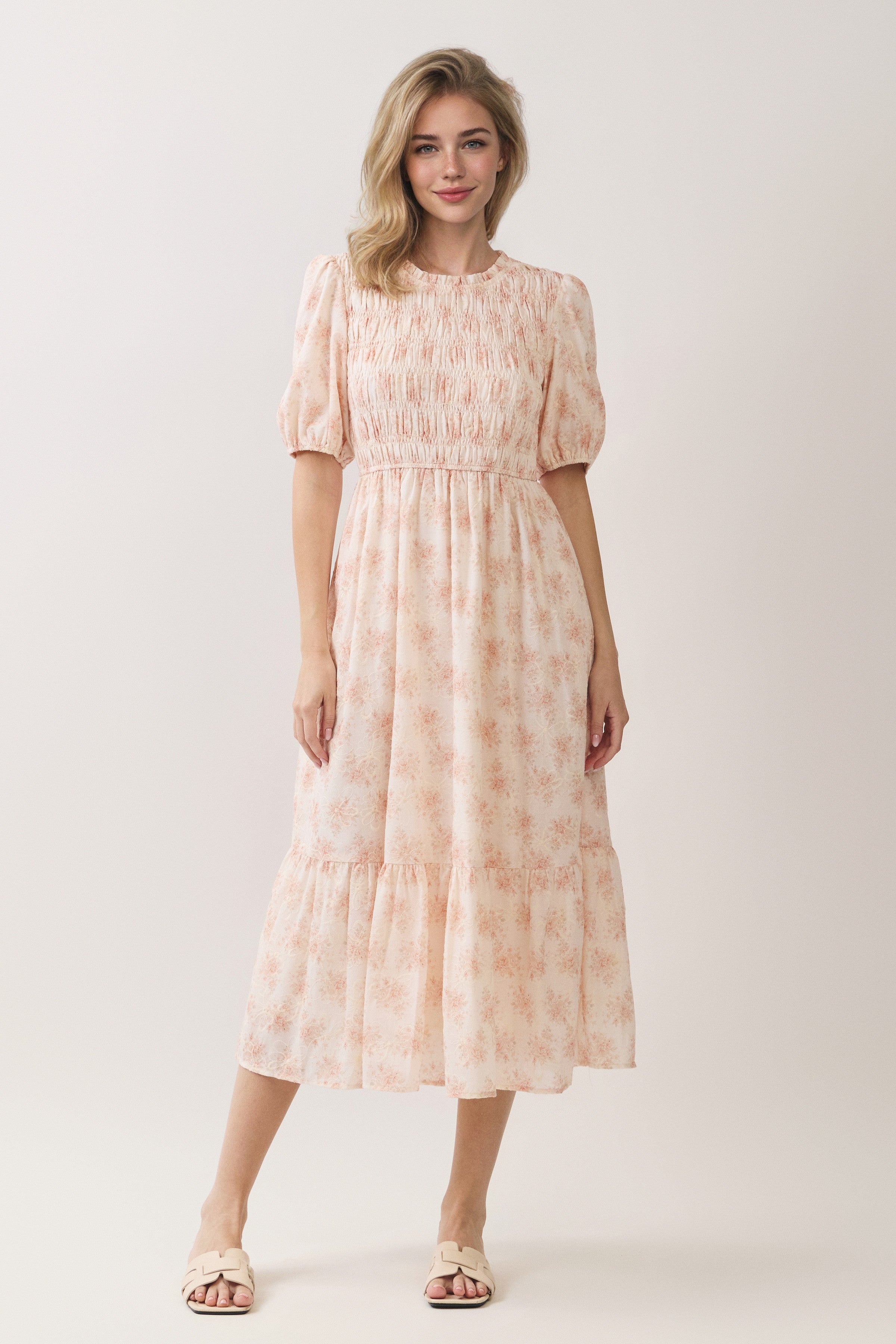 Floral Embroidered Smocked Puff Sleeve Midi Dress