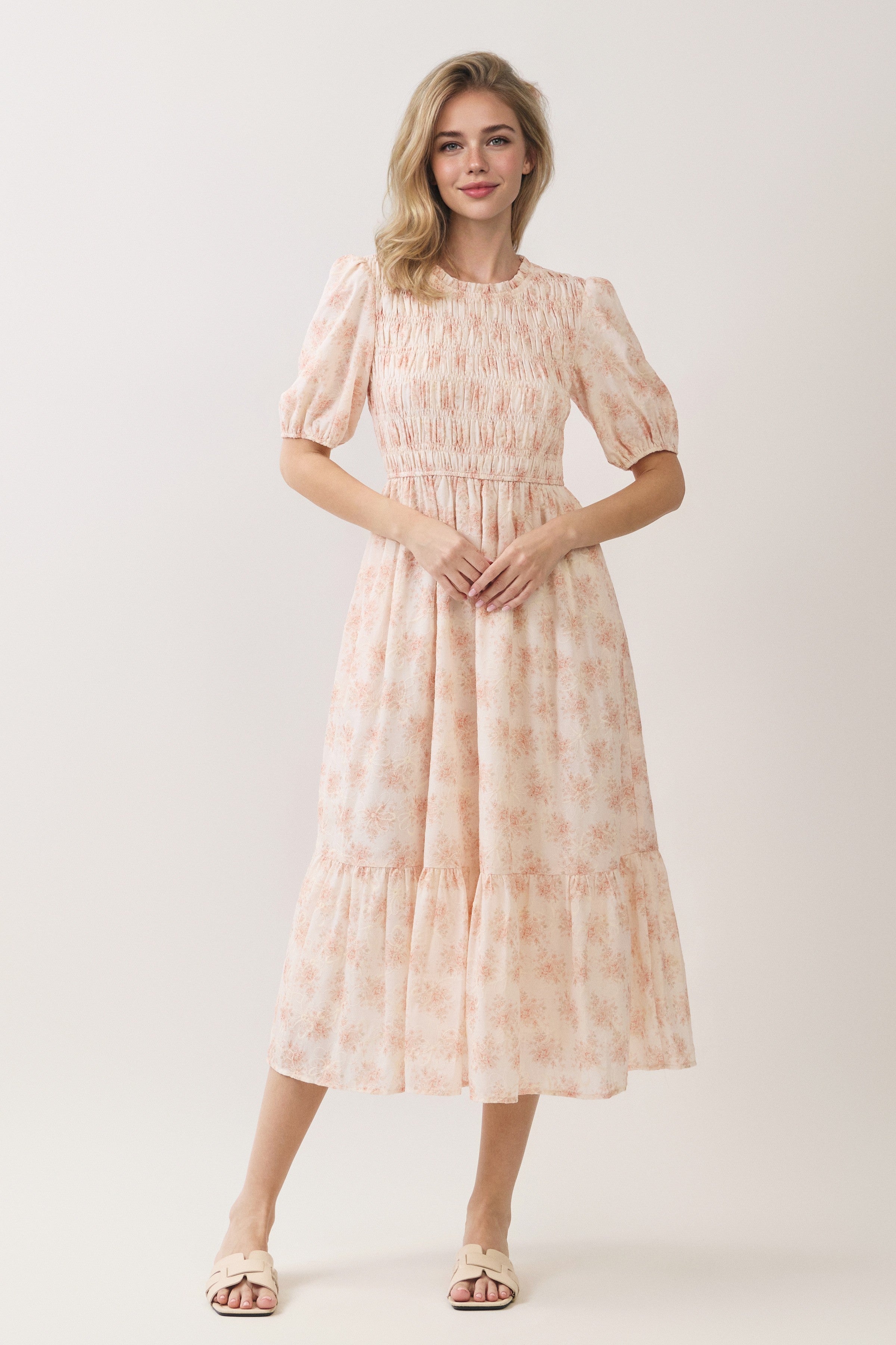 Floral Embroidered Smocked Puff Sleeve Midi Dress