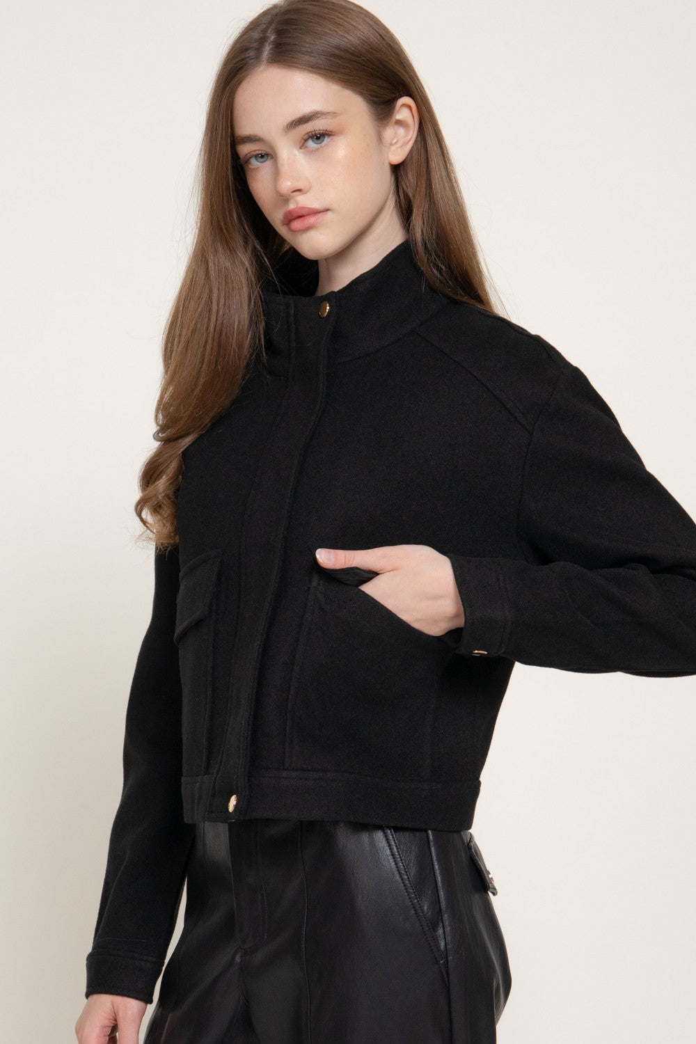 Long Slv High Neck Collar Felt Jacket