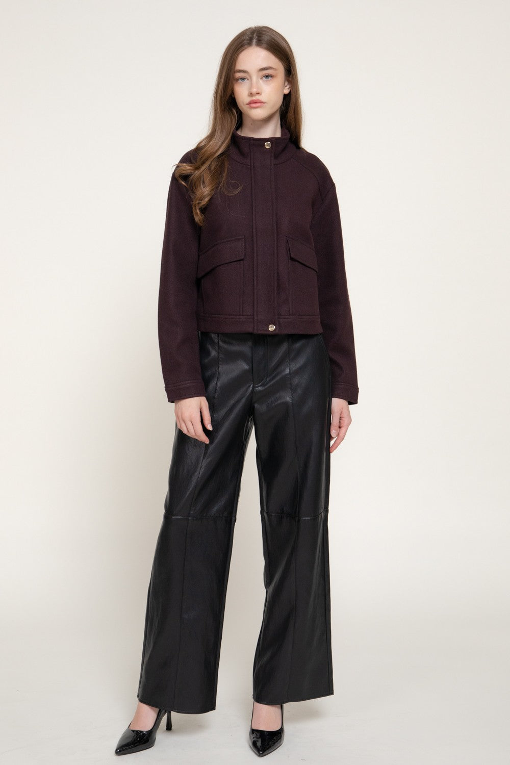 Long Slv High Neck Collar Felt Jacket