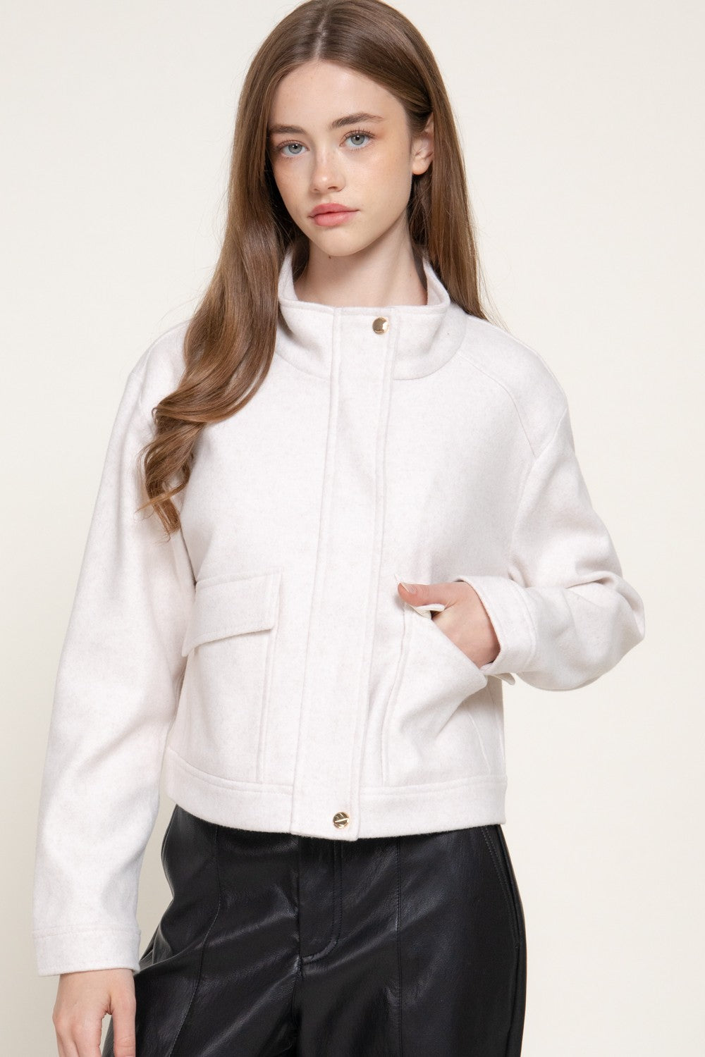 Long Slv High Neck Collar Felt Jacket