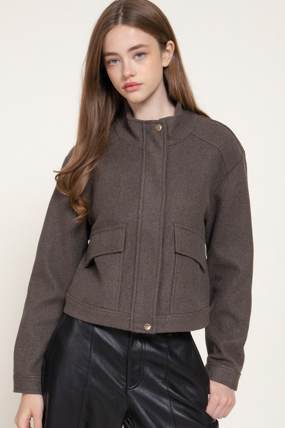 Long Slv High Neck Collar Felt Jacket