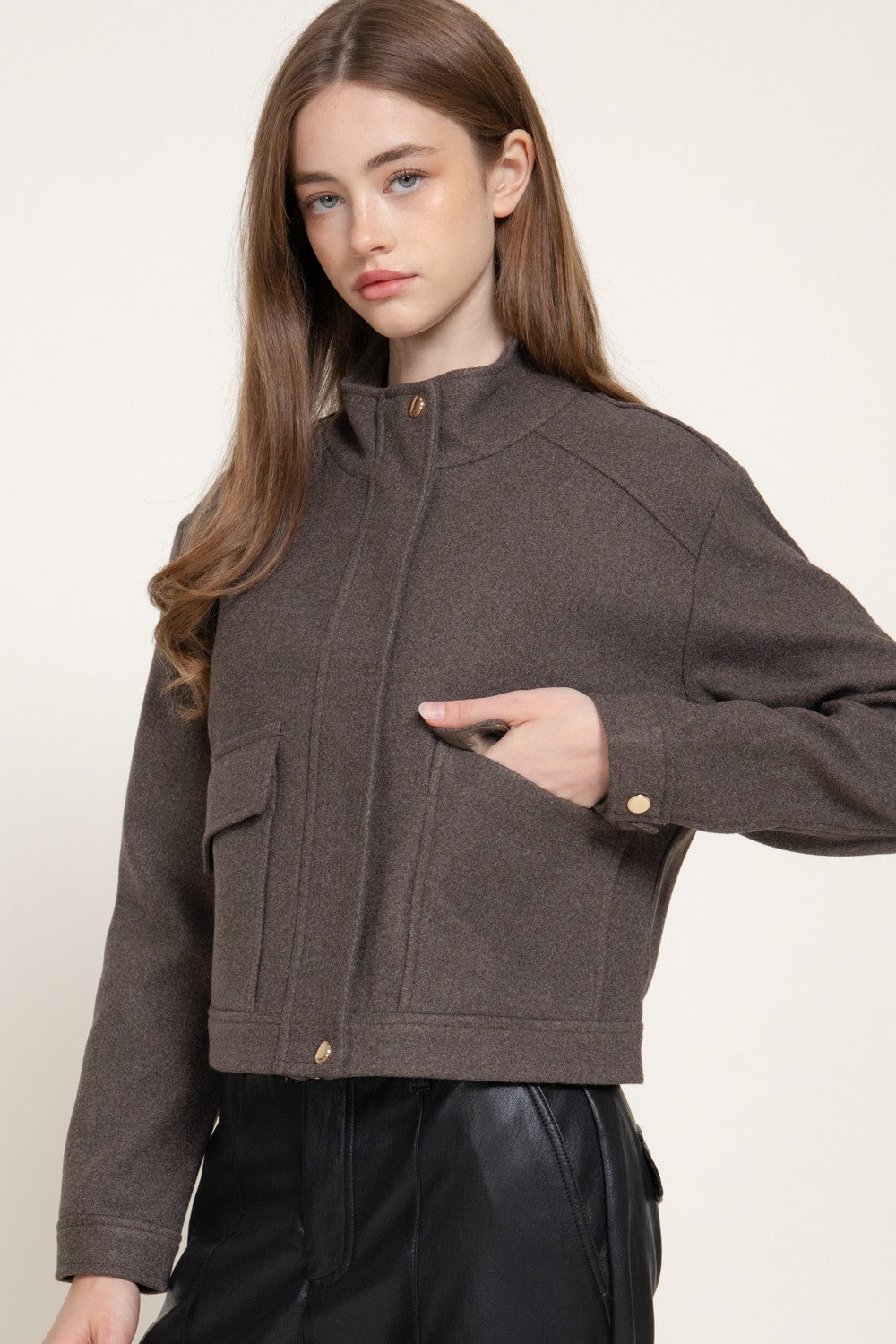 Long Slv High Neck Collar Felt Jacket
