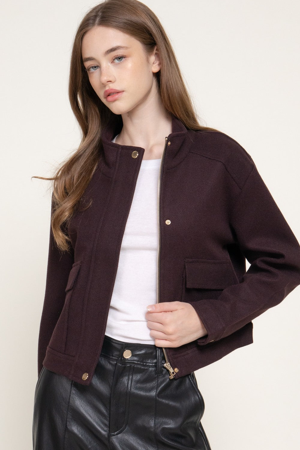 Long Slv High Neck Collar Felt Jacket