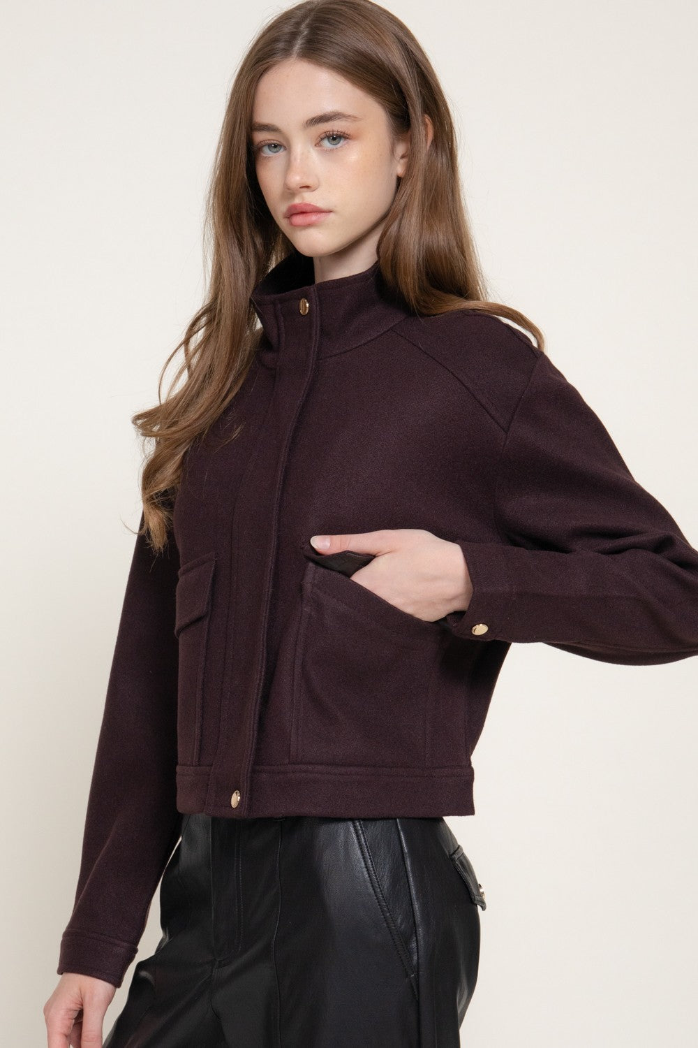 Long Slv High Neck Collar Felt Jacket