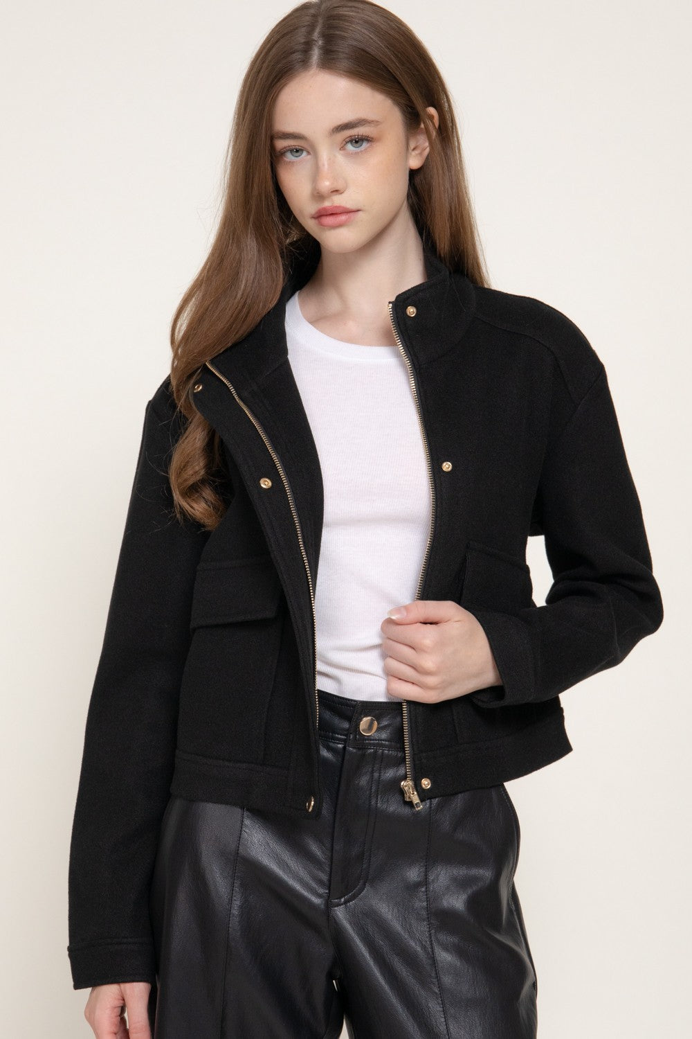 Long Slv High Neck Collar Felt Jacket