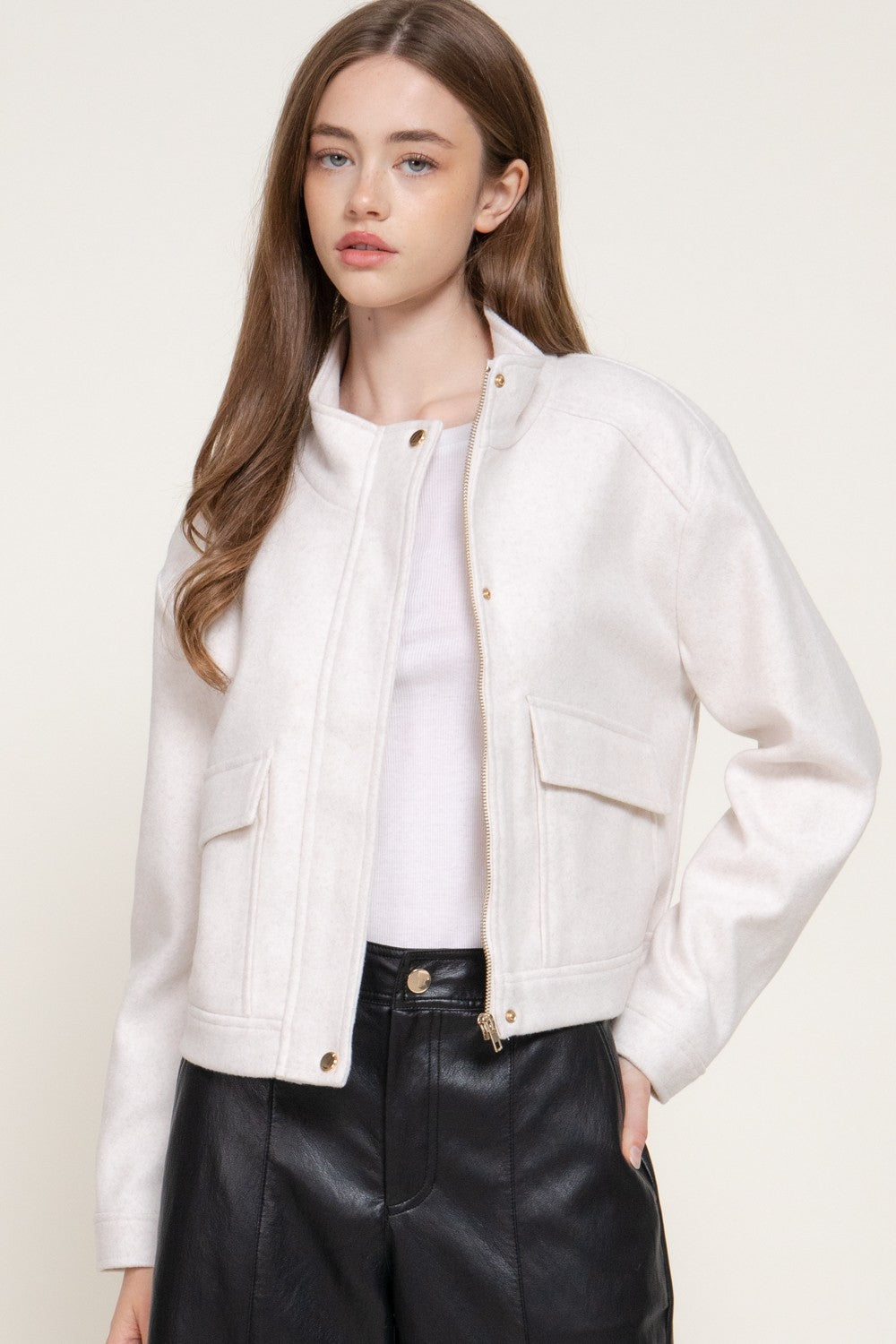 Long Slv High Neck Collar Felt Jacket