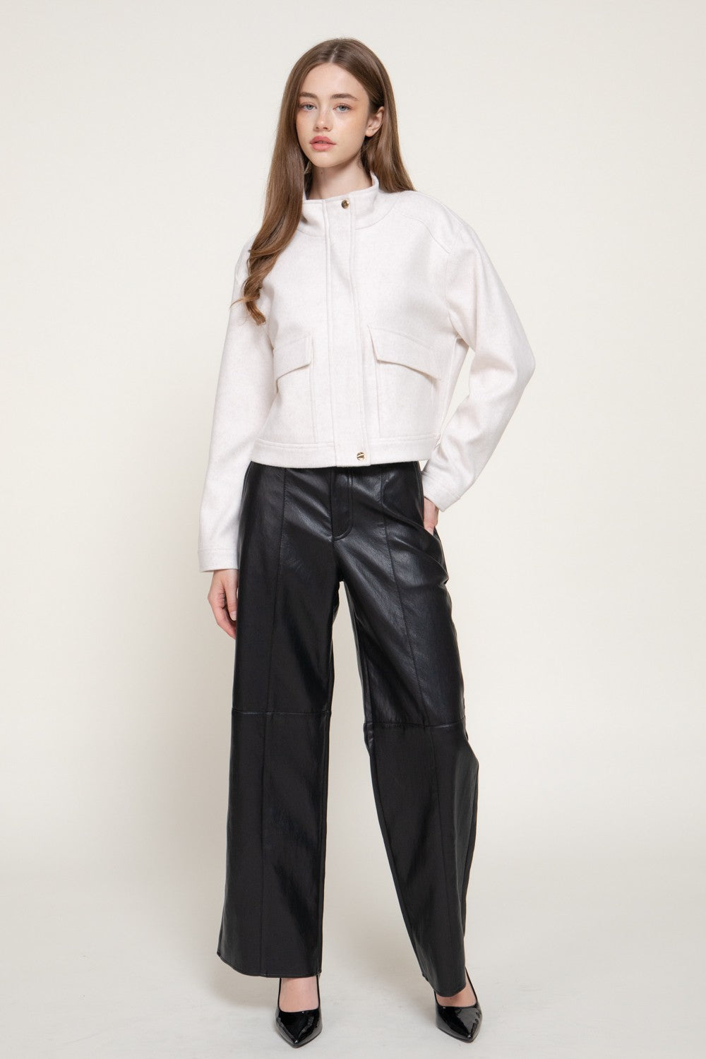 Long Slv High Neck Collar Felt Jacket