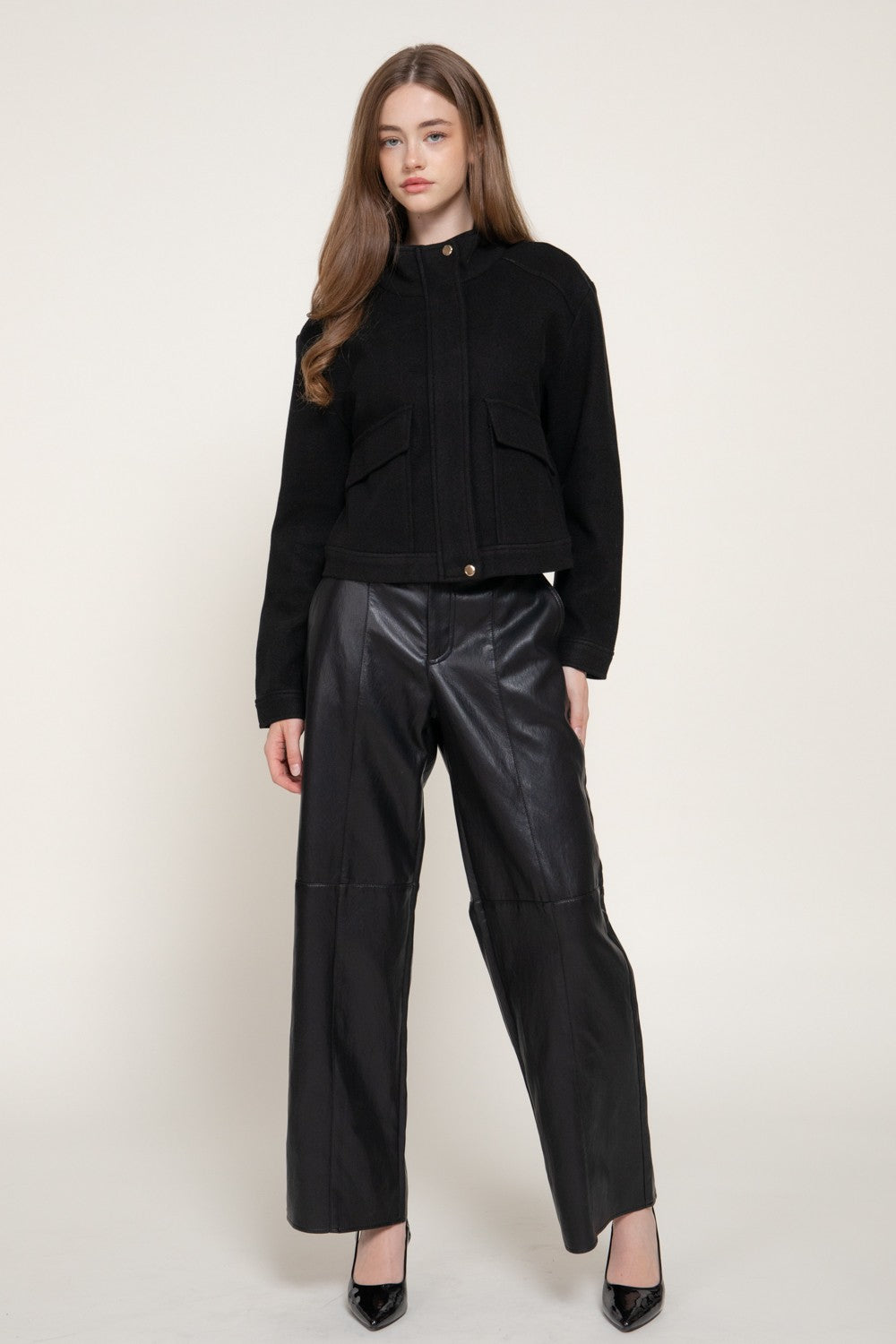 Long Slv High Neck Collar Felt Jacket