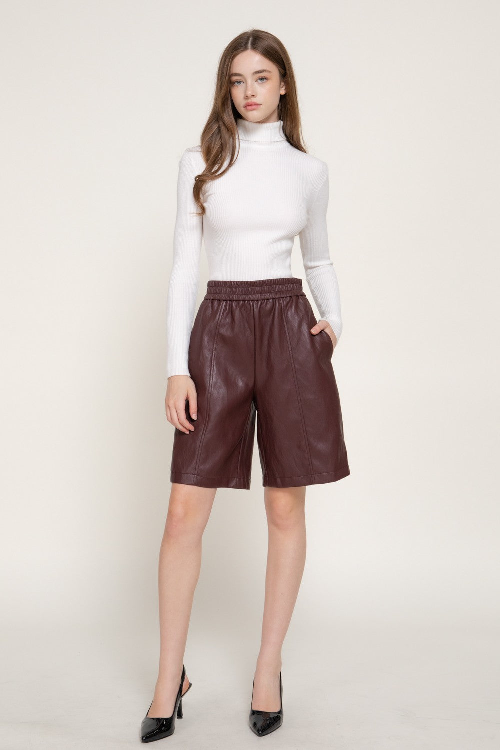 Elastic Waist Faux Leather Shorts