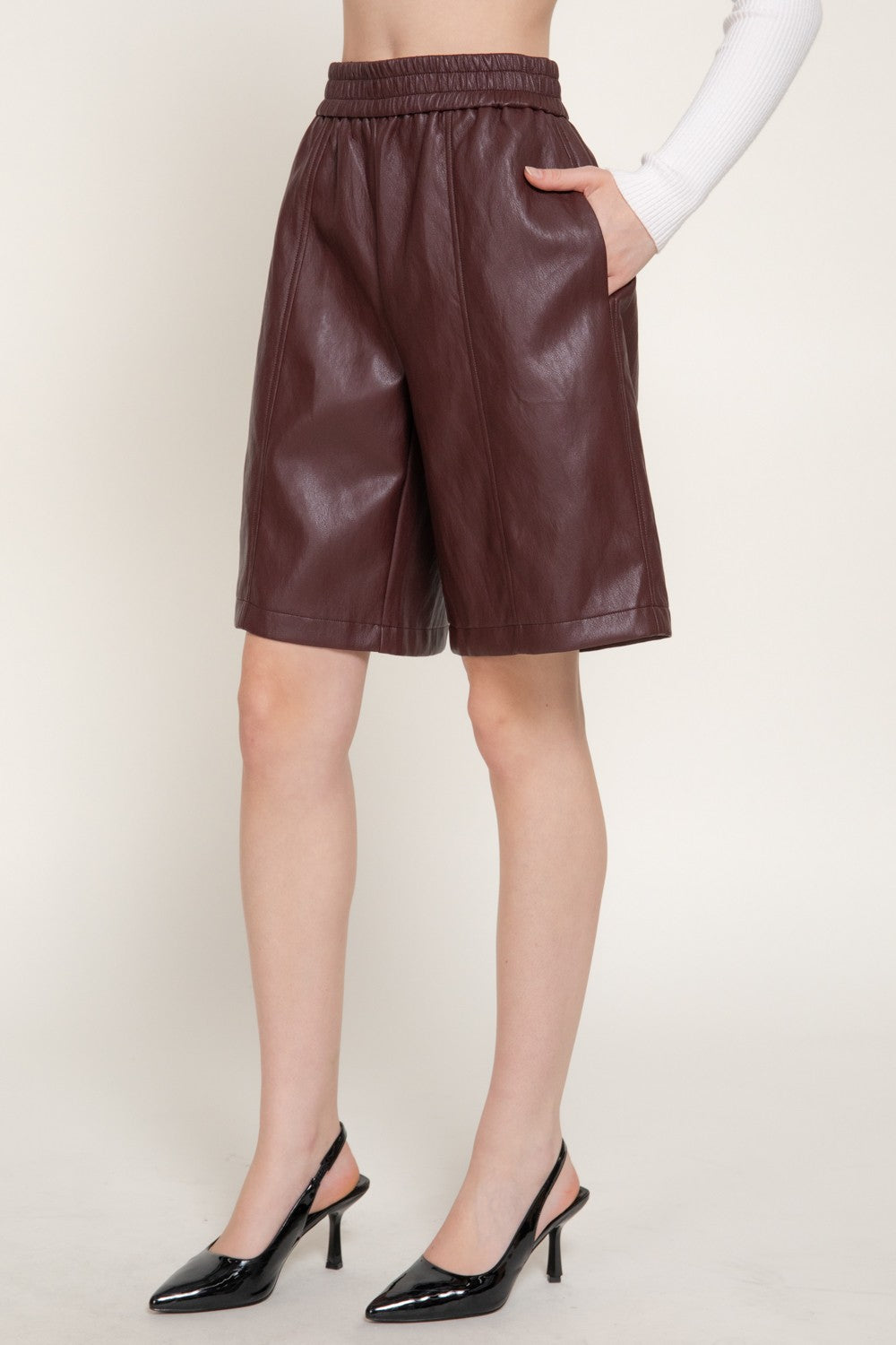 Elastic Waist Faux Leather Shorts