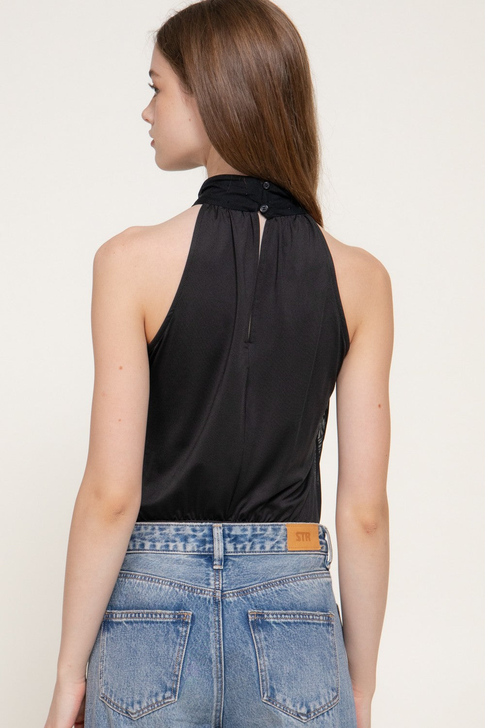Halter Neck Rhinestones Draped Bodysuit