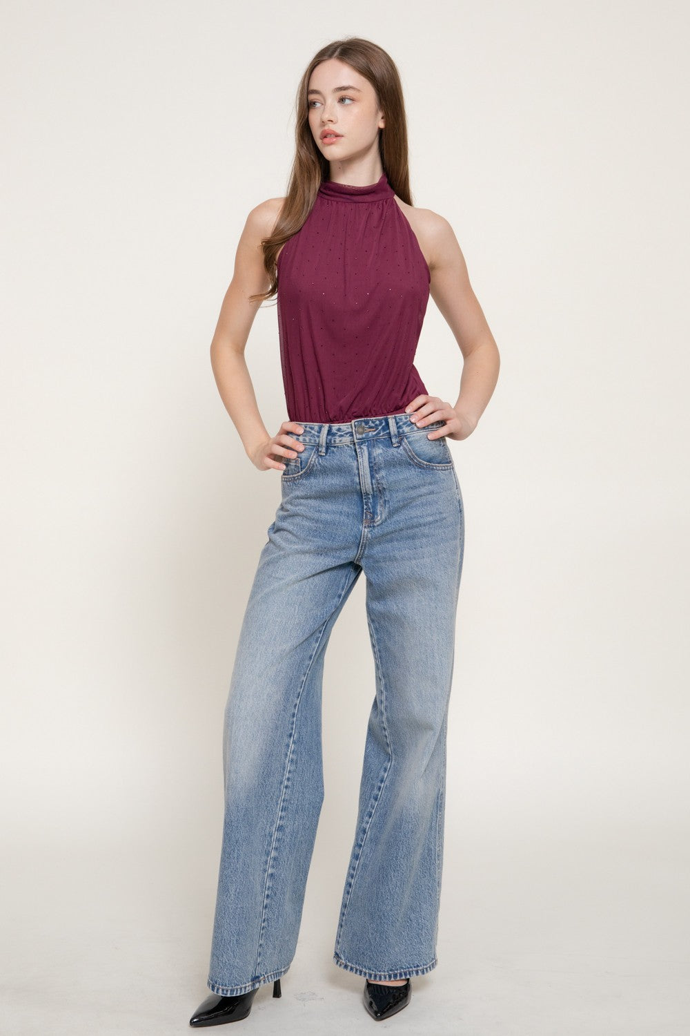 Halter Neck Rhinestones Draped Bodysuit