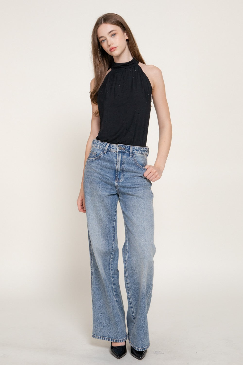 Halter Neck Rhinestones Draped Bodysuit