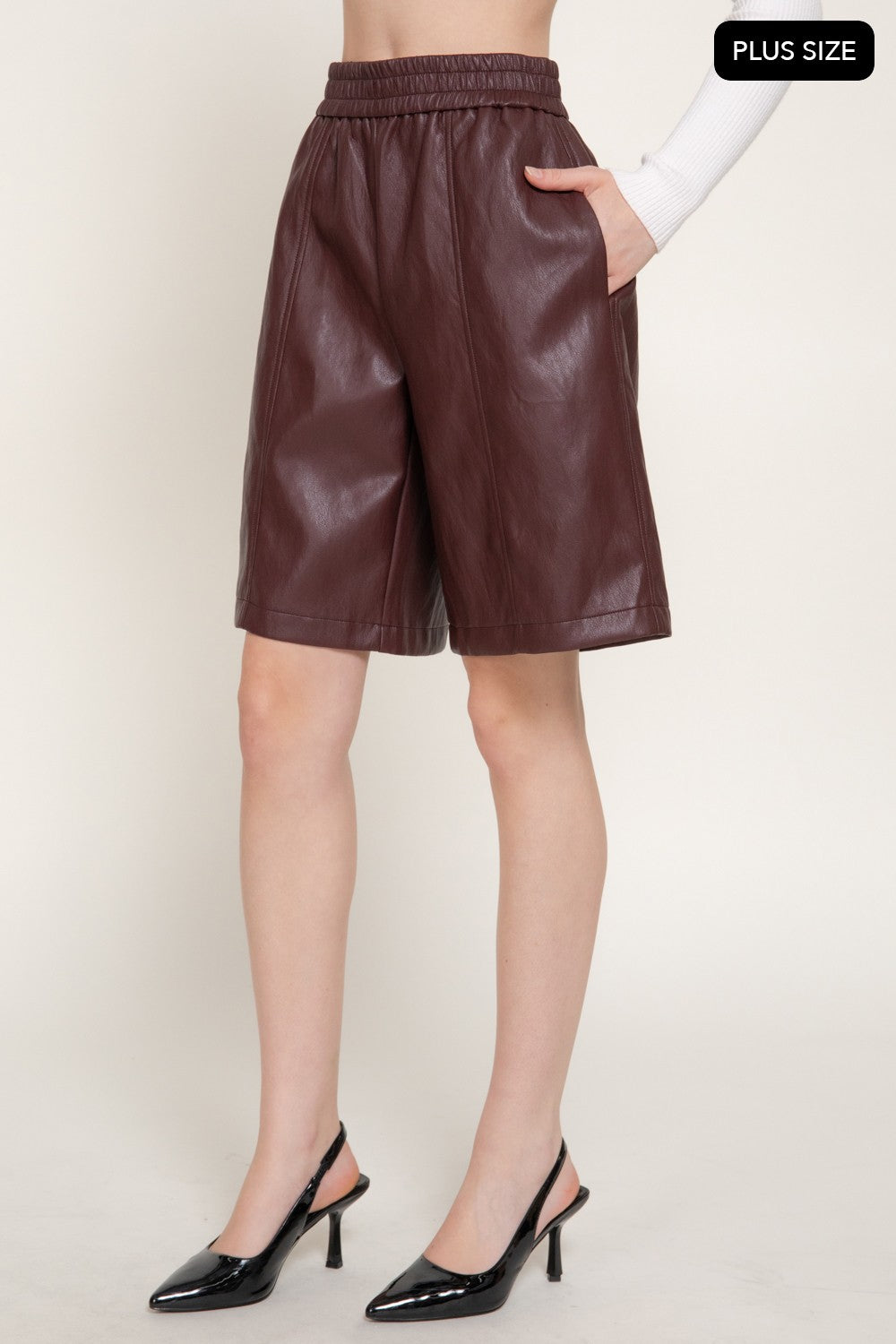 Elastic Waist Faux Leather Shorts