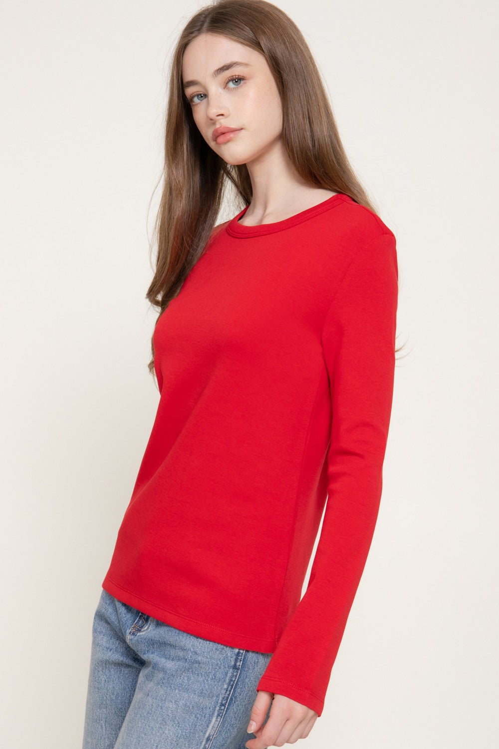 Long Slv Crew Neck Cotton Scuba Knit Top