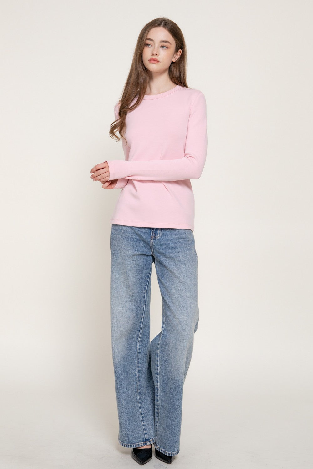 Long Slv Crew Neck Cotton Scuba Knit Top